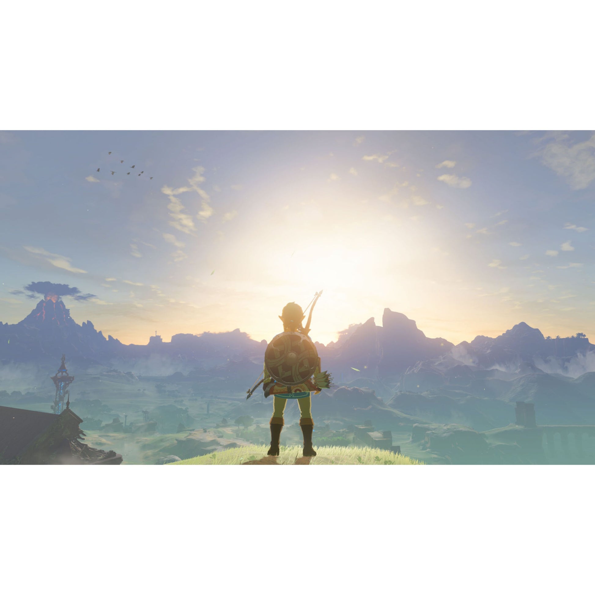 Nintendo Legenden om Zelda: Breath of the Wild Switch 2-udgave, karakter på bakke med bjerge, vulkan og solopgang.