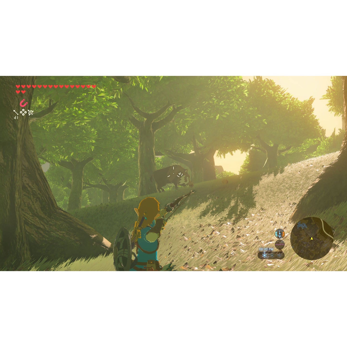 Nintendo Legenden om Zelda: Breath of the Wild Switch 2-udgave, blå figur med bue, hjertemåler og mini-kort synlige.