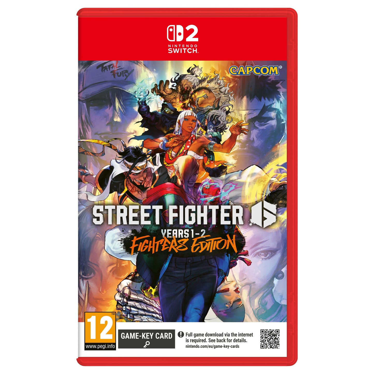 Nintendo Street Fighter 6 Switch 2 spilæske med karaktergrafik, aldersmærke 12+ og Capcom-logo på forsiden.