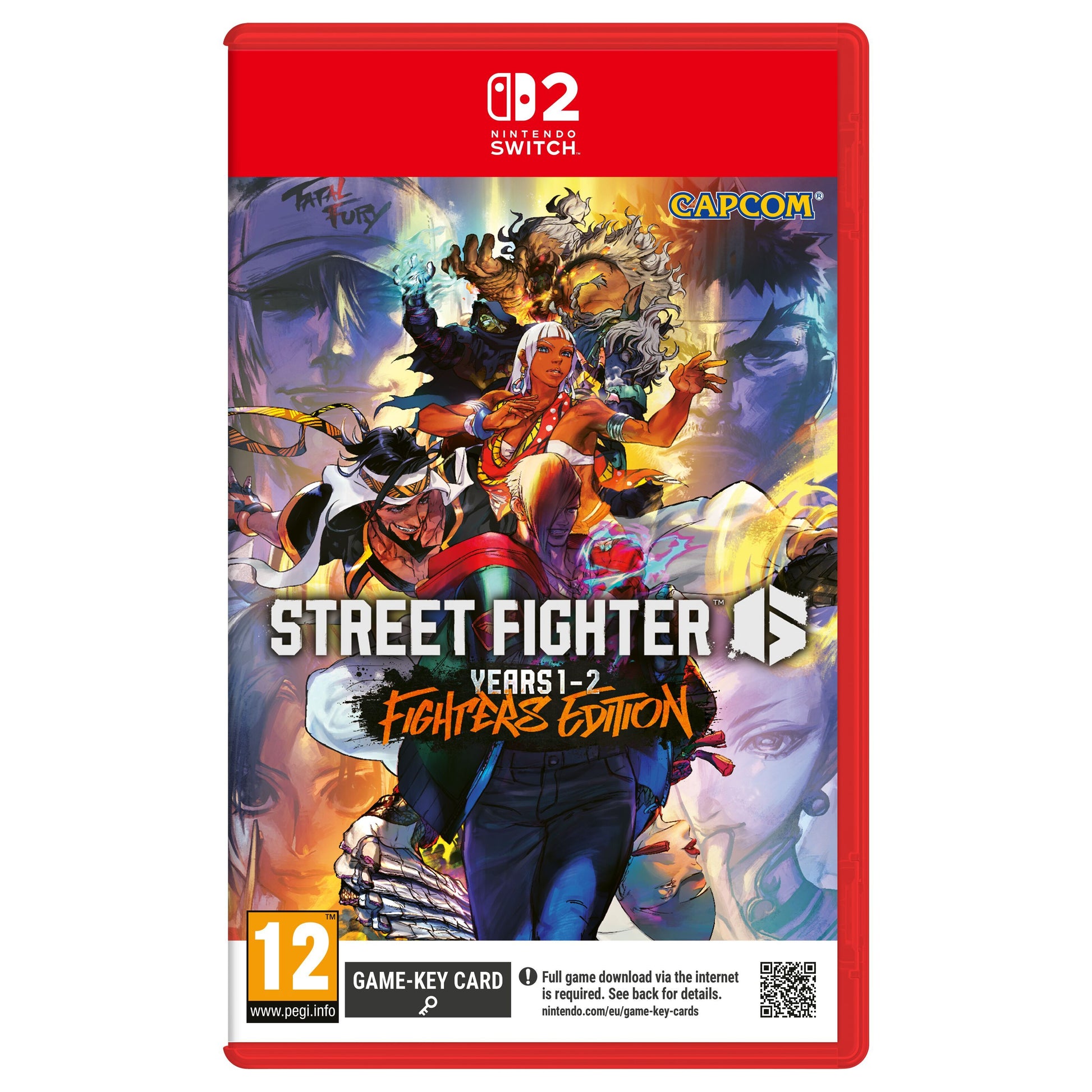 Nintendo Street Fighter 6 Switch 2 spilæske med karaktergrafik, aldersmærke 12+ og Capcom-logo på forsiden.