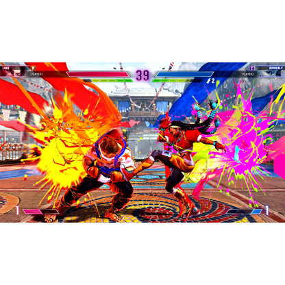 Nintendo Street Fighter 6 Switch 2 gameplay med Luke og Kimberly i kamp, stærke orange/gule/lyserøde energieffekter, mosaikbane.