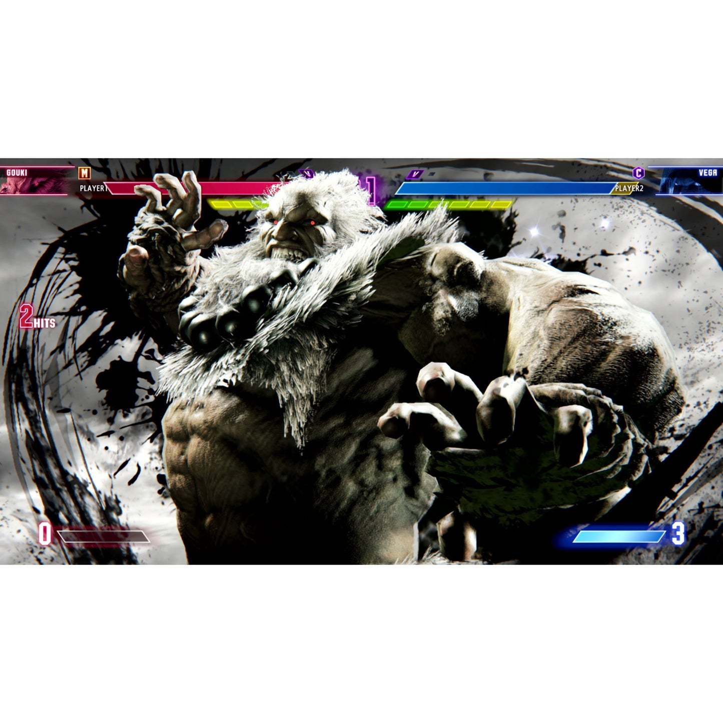Street Fighter 6 Switch 2 hvidhåret kæmper med pels og perler om halsen, sundheds- og pointbjælker synlige.