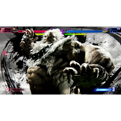Street Fighter 6 Switch 2 hvidhåret kæmper med pels og perler om halsen, sundheds- og pointbjælker synlige.