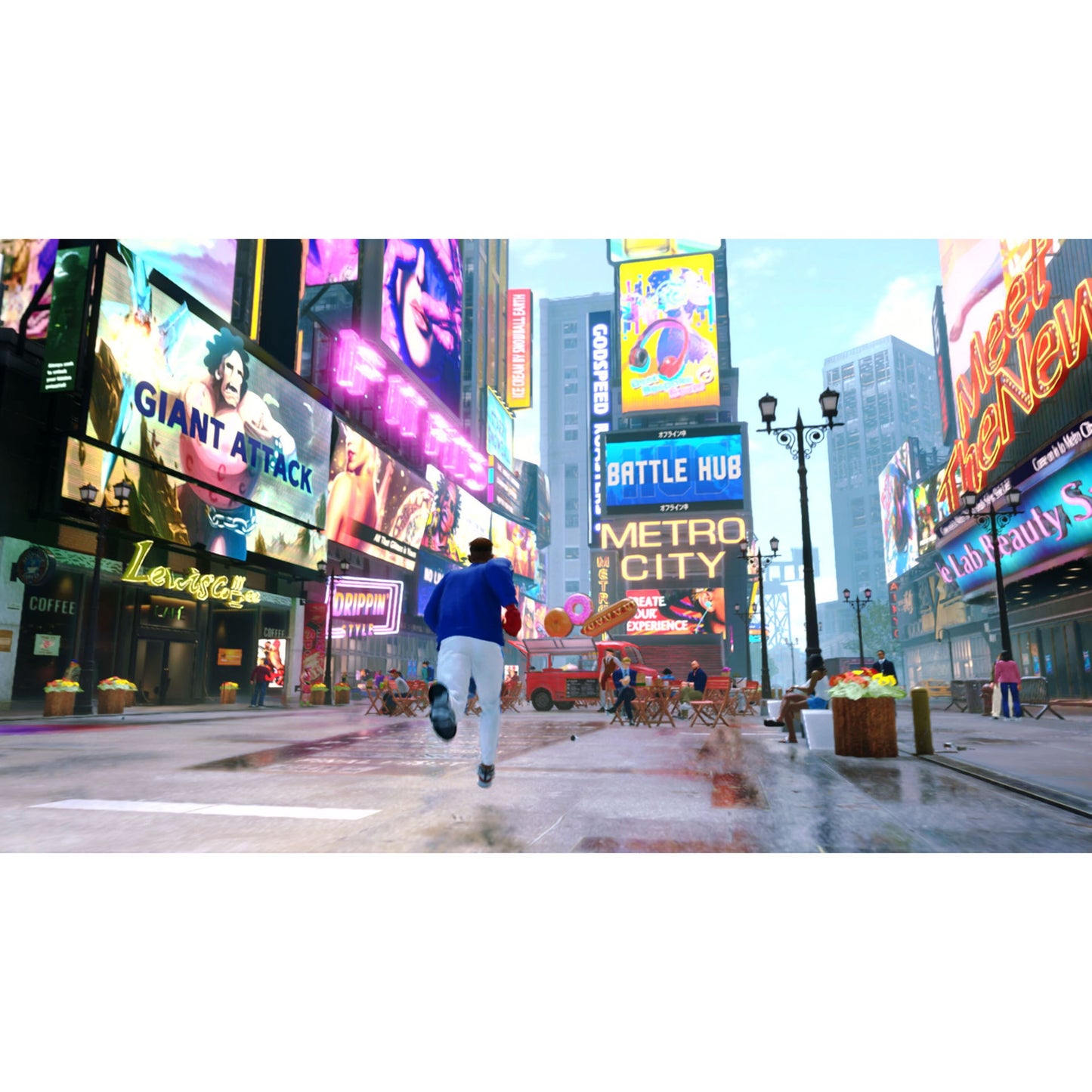 Nintendo Switch 2 Street Fighter 6, byperson i blå jakke, farverige skilte og neonlys i baggrunden.