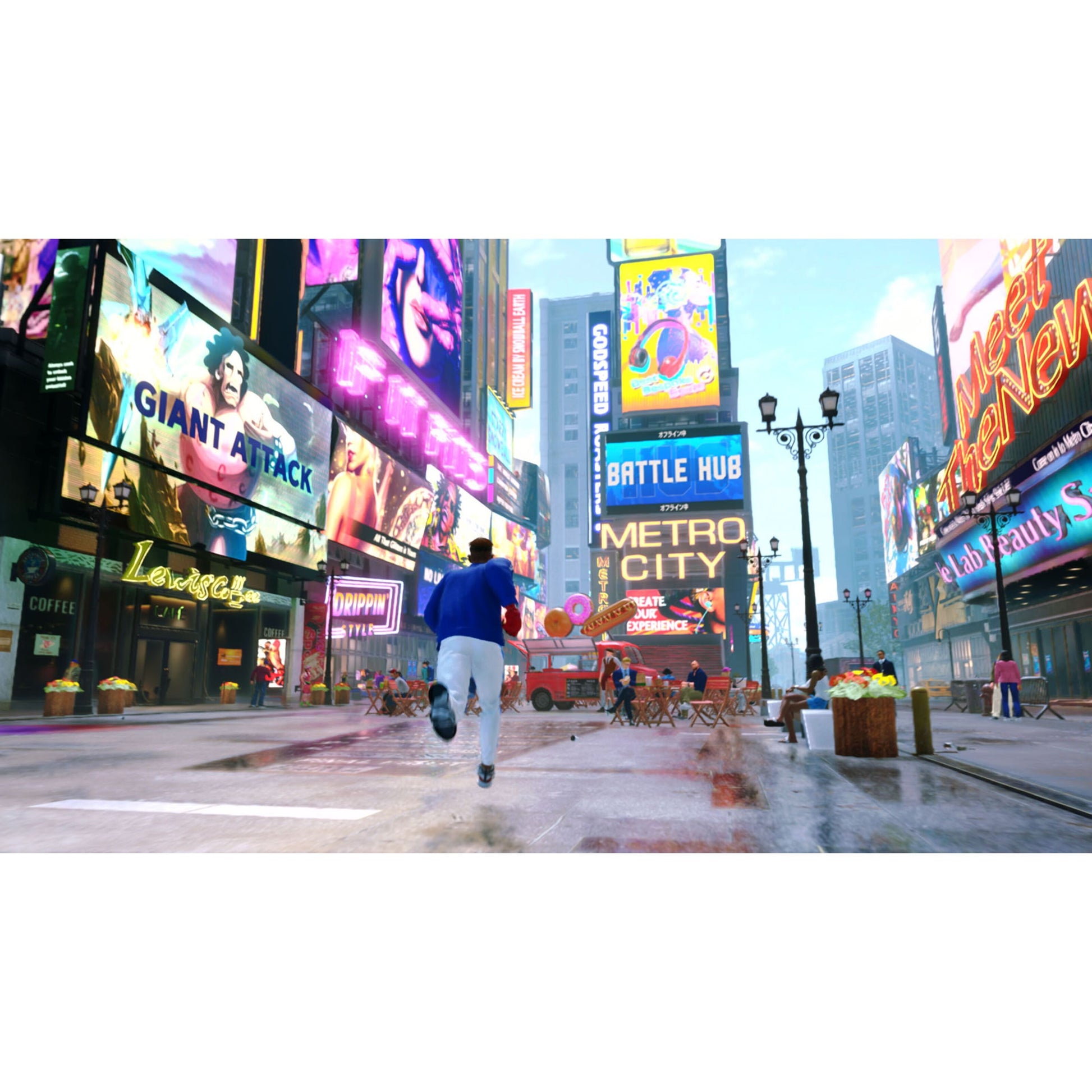 Nintendo Switch 2 Street Fighter 6, byperson i blå jakke, farverige skilte og neonlys i baggrunden.
