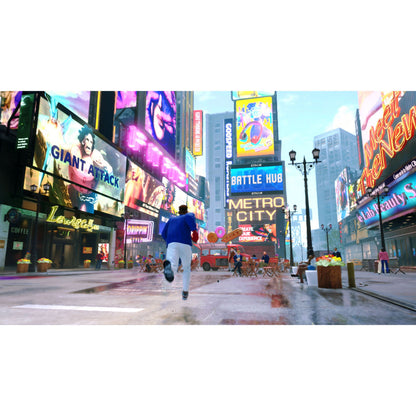 Nintendo Switch 2 Street Fighter 6, byperson i blå jakke, farverige skilte og neonlys i baggrunden.
