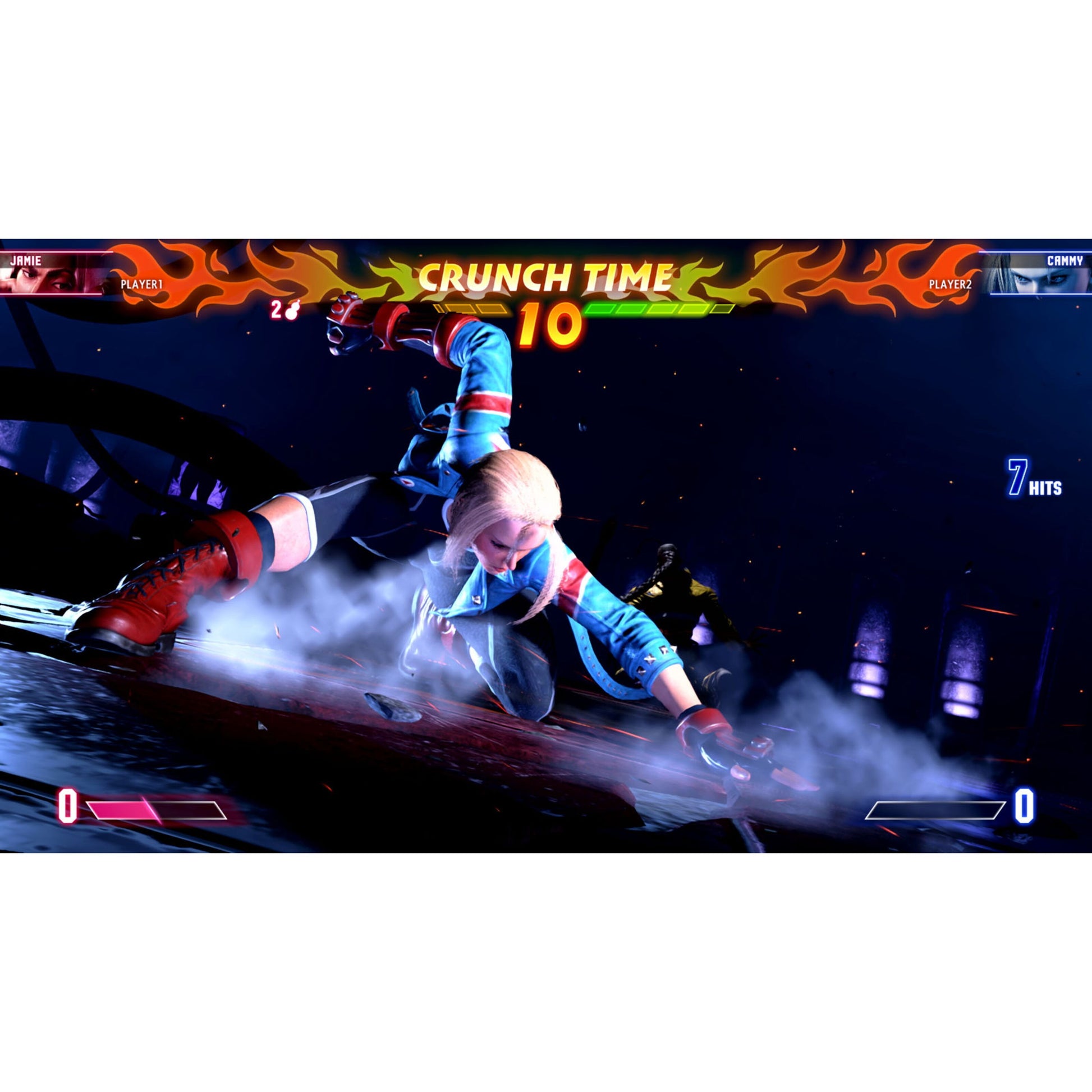 Street Fighter 6 til Switch 2, Cammy angriber Jamie med 7-hit combo i mørk arena, Crunch Time countdown synlig.