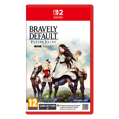 Nintendo Bravely Default Flying Fairy HD Remaster Switch 2 spilæske med fire figurer, turbaserede kampe, PEGI 12, Square Enix logo.