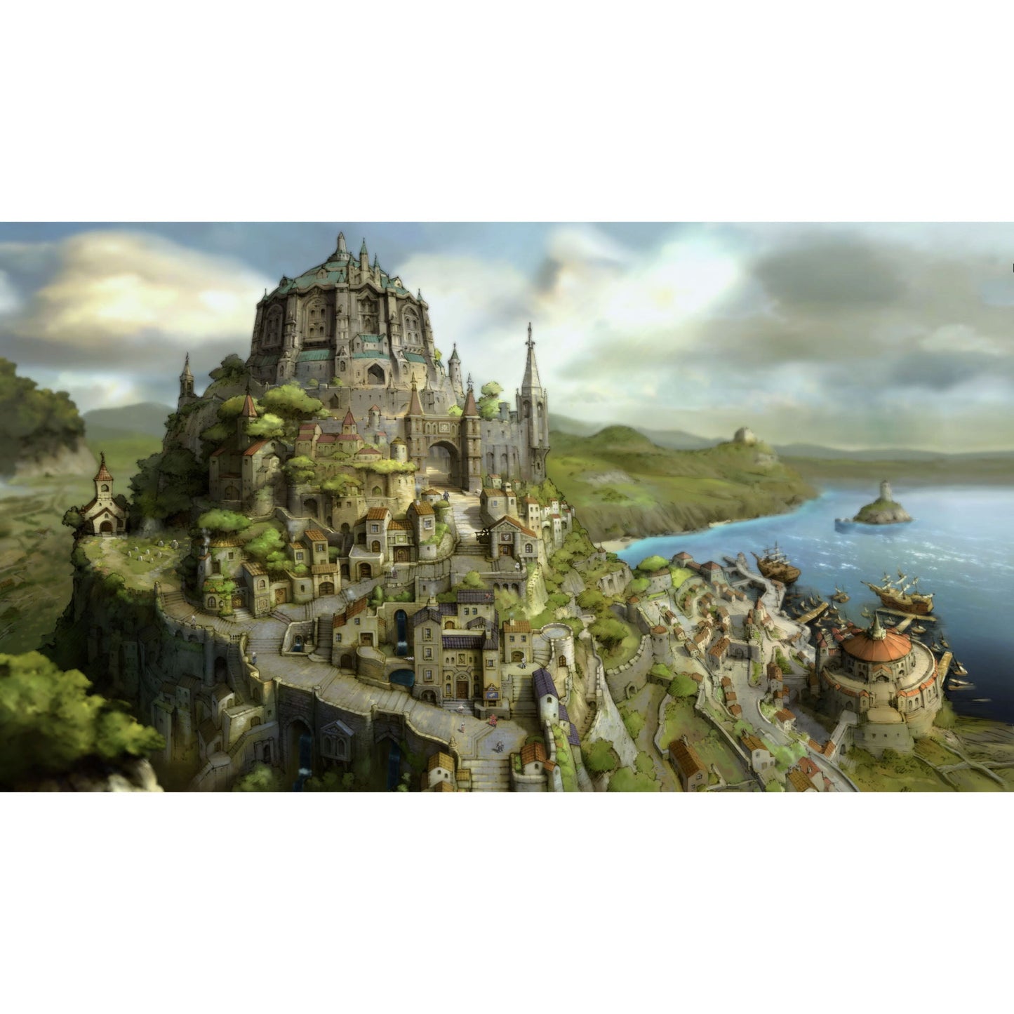 Bravely Default Flying Fairy HD Remaster Switch 2 by Nintendo, fantasiby med borg, middelalderby, grønne arealer og havn.
