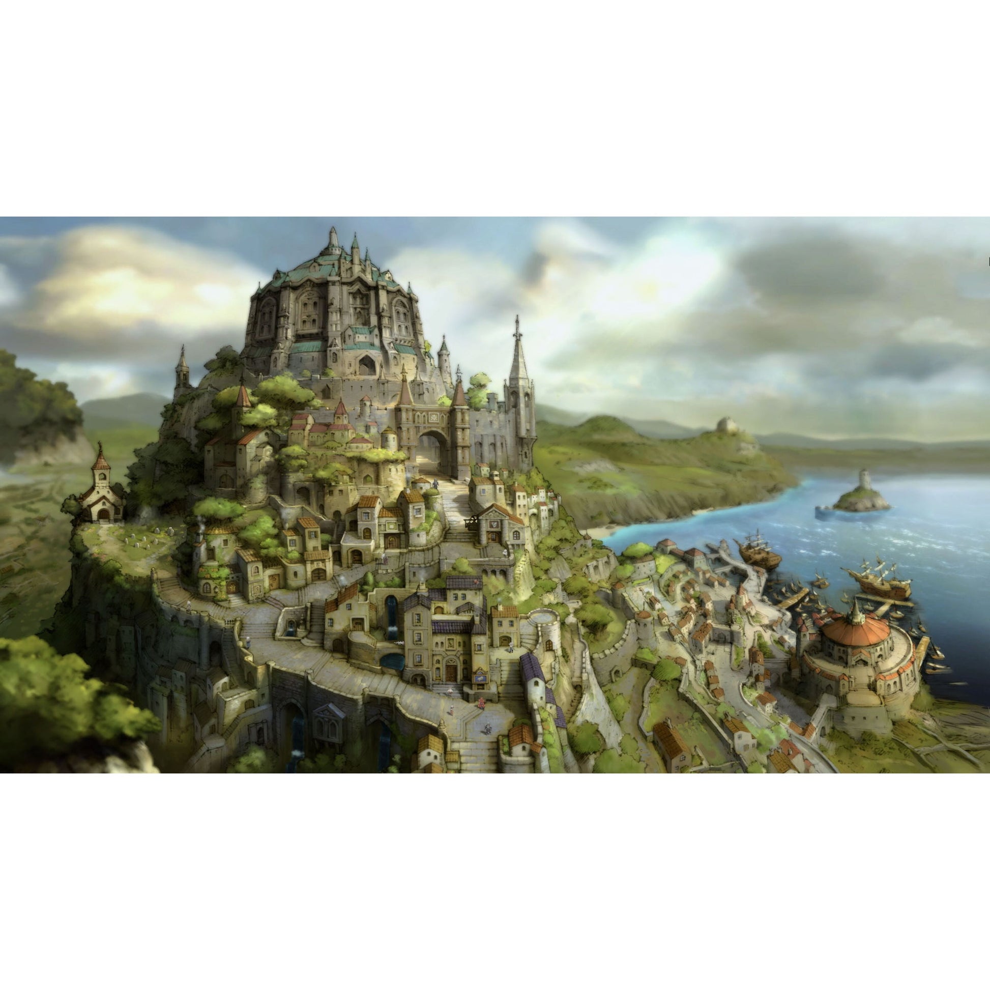 Bravely Default Flying Fairy HD Remaster Switch 2 by Nintendo, fantasiby med borg, middelalderby, grønne arealer og havn.