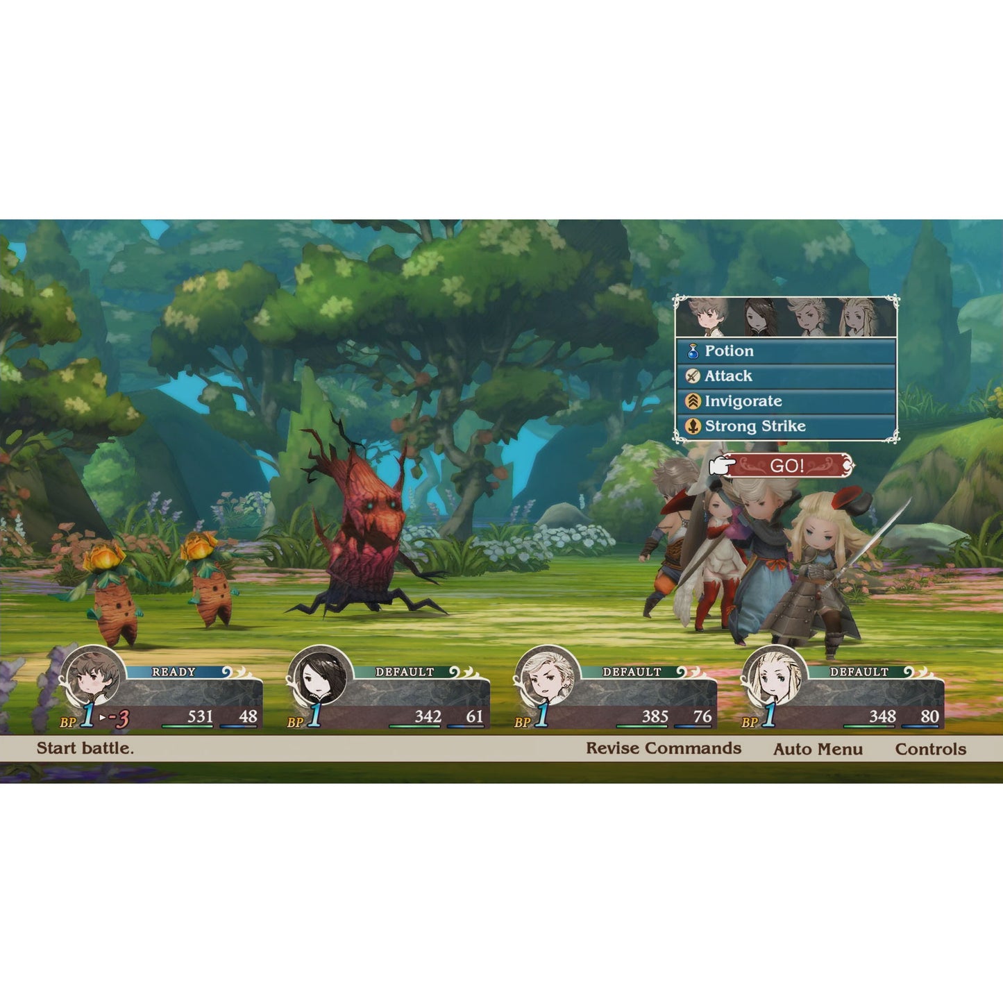 Bravely Default Flying Fairy HD Remaster Switch 2 turbaseret RPG-kamp med ildhelte mod tre plante- og gulerodsmonstre.