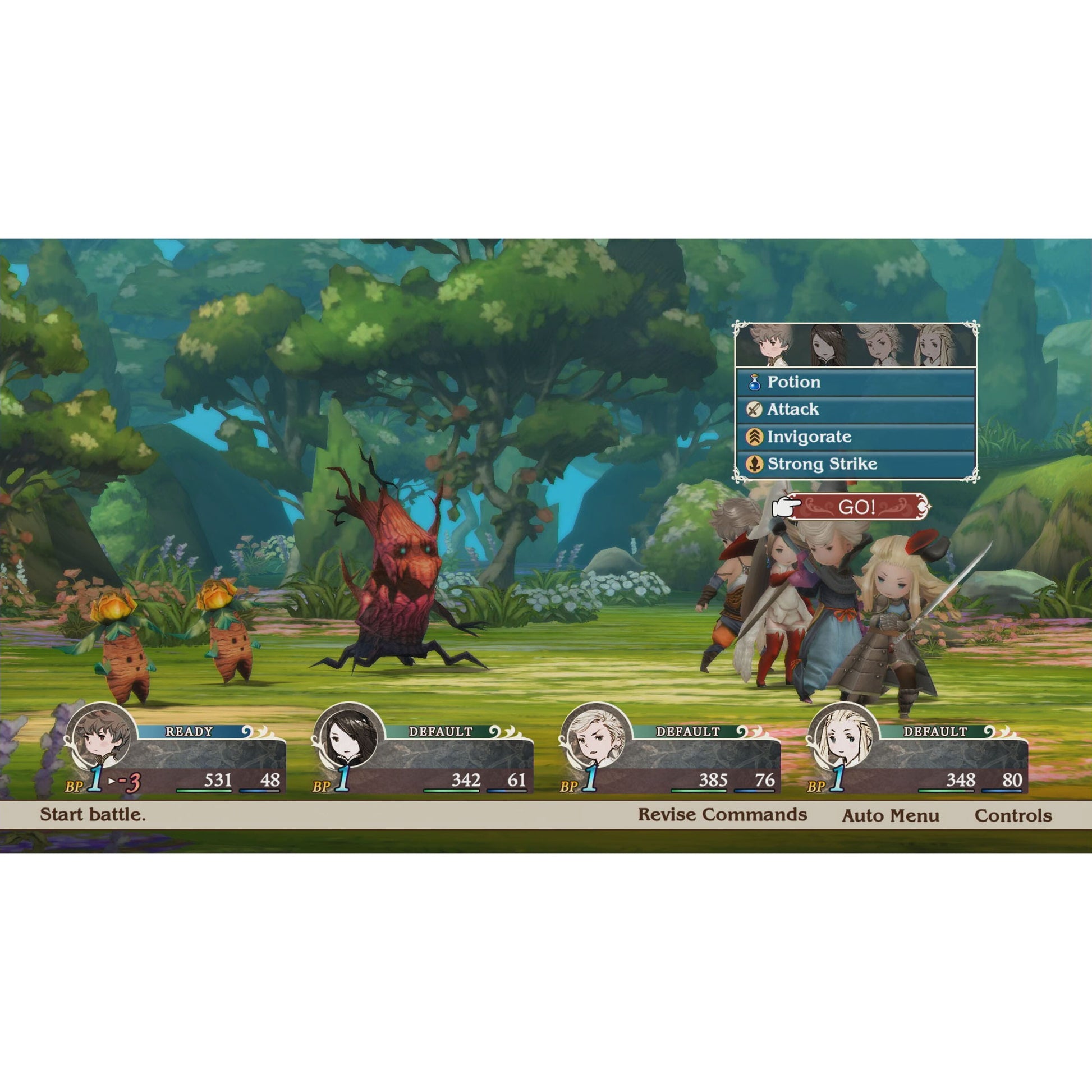 Bravely Default Flying Fairy HD Remaster Switch 2 turbaseret RPG-kamp med ildhelte mod tre plante- og gulerodsmonstre.