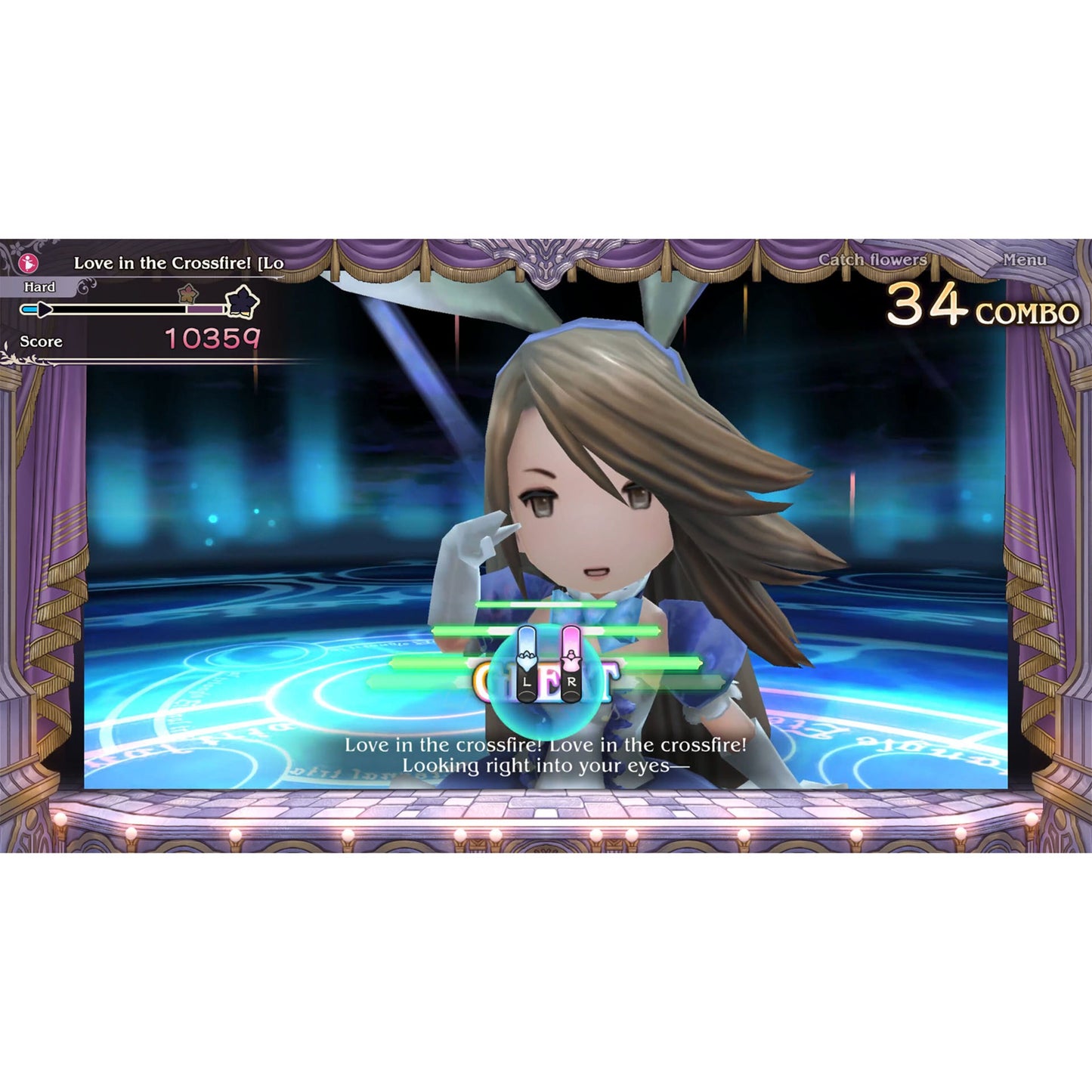 Nintendo Bravely Default Flying Fairy HD Remaster Switch 2 spilfigur med blå magisk cirkel, score og "Love in the Crossfire.