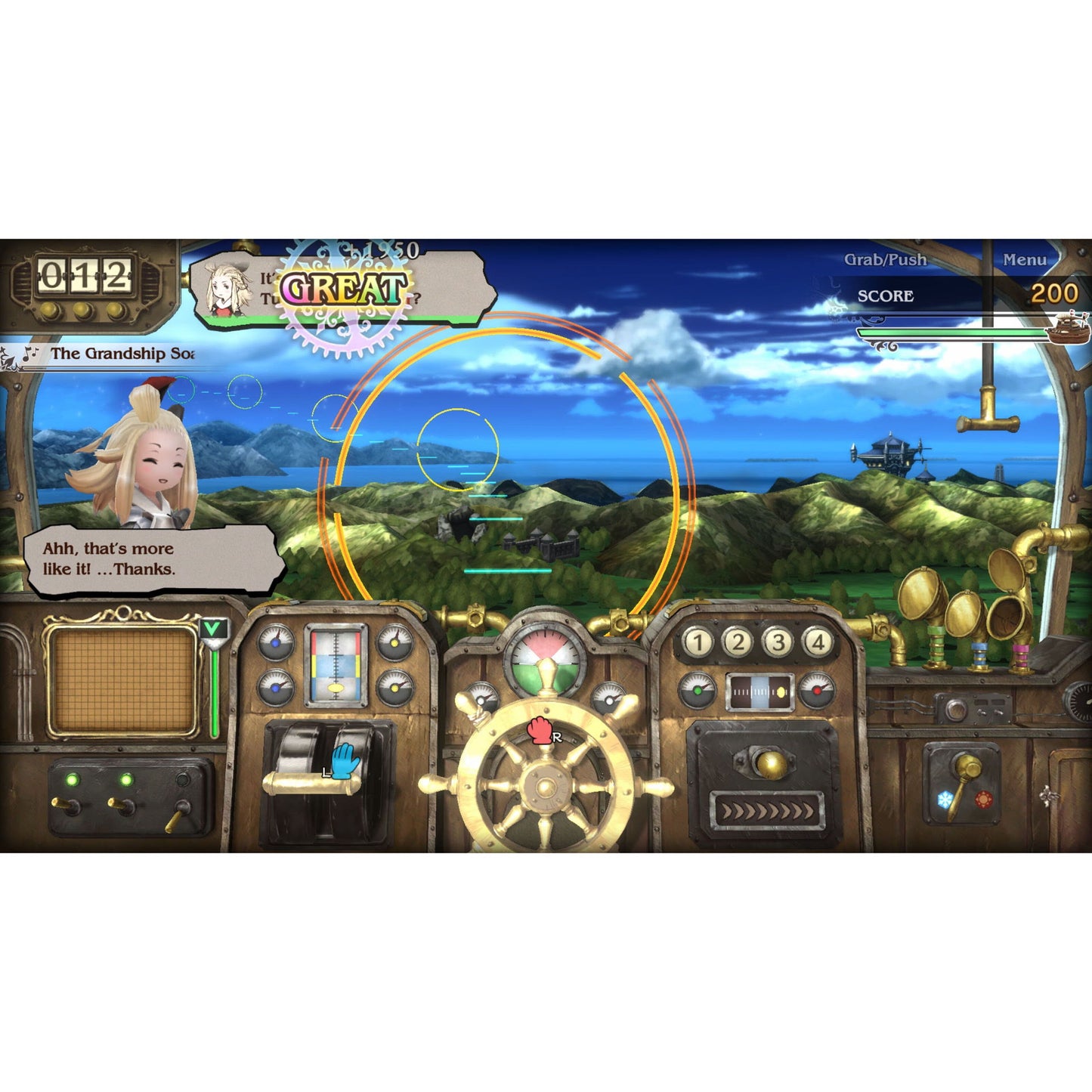 Bravely Default Flying Fairy HD Remaster Switch 2 gameplay med cockpit, drejeknapper, sigtekorn, dialogbokse, score og menu.