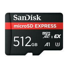 Sandisk microSD Express 512 GB hukommelseskort, sort med røde detaljer, PCIe Gen 3 NVMe, logo og tekniske symboler foran.