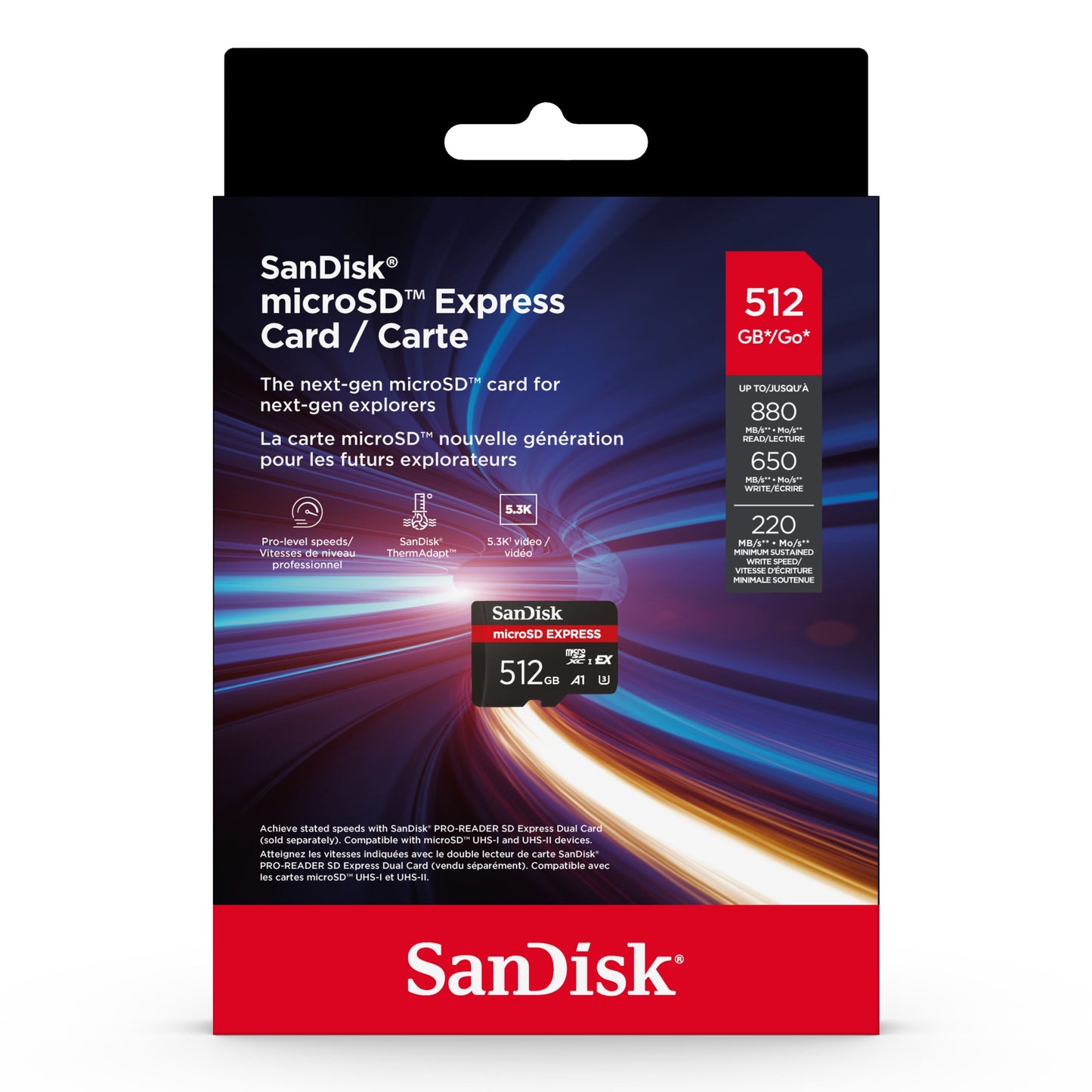 Sandisk microSD Express 512GB, PCIe Gen 3 NVMe, læsehastighed 880MB/s, skrivehastighed 650MB/s, op til 220 min 8K video.