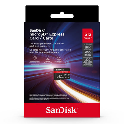 Sandisk microSD Express 512GB, PCIe Gen 3 NVMe, læsehastighed 880MB/s, skrivehastighed 650MB/s, op til 220 min 8K video.
