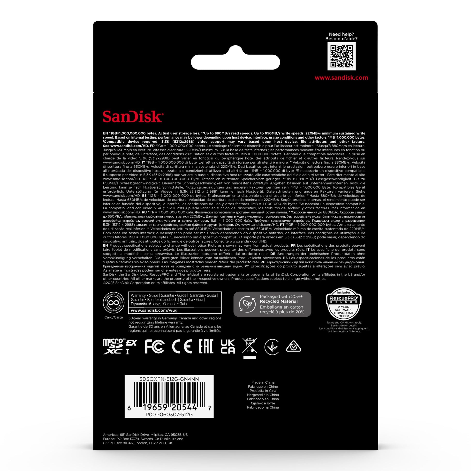 Sandisk microSD Express 512GB bagside med logo, teknisk info, garanti, certifikationslogoer, stregkode og QR-kode.
