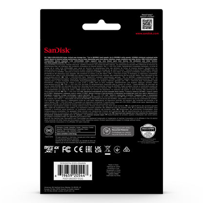 Sandisk microSD Express 512GB bagside med logo, teknisk info, garanti, certifikationslogoer, stregkode og QR-kode.