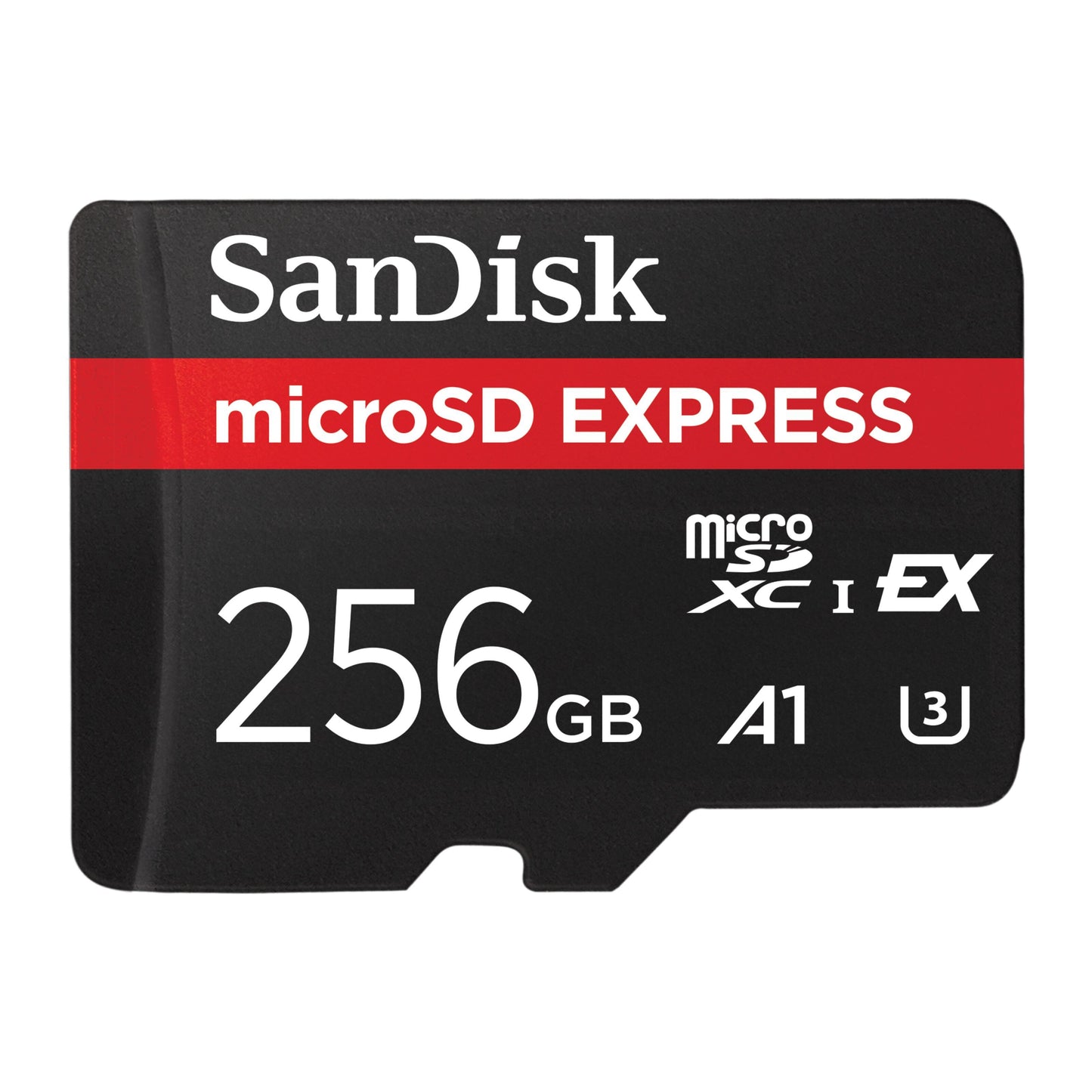 Sandisk microSD Express 256GB kort, PCIe Gen3 NVMe, sort/rød, symboler: microSDXC, I, EX, A1, U3.