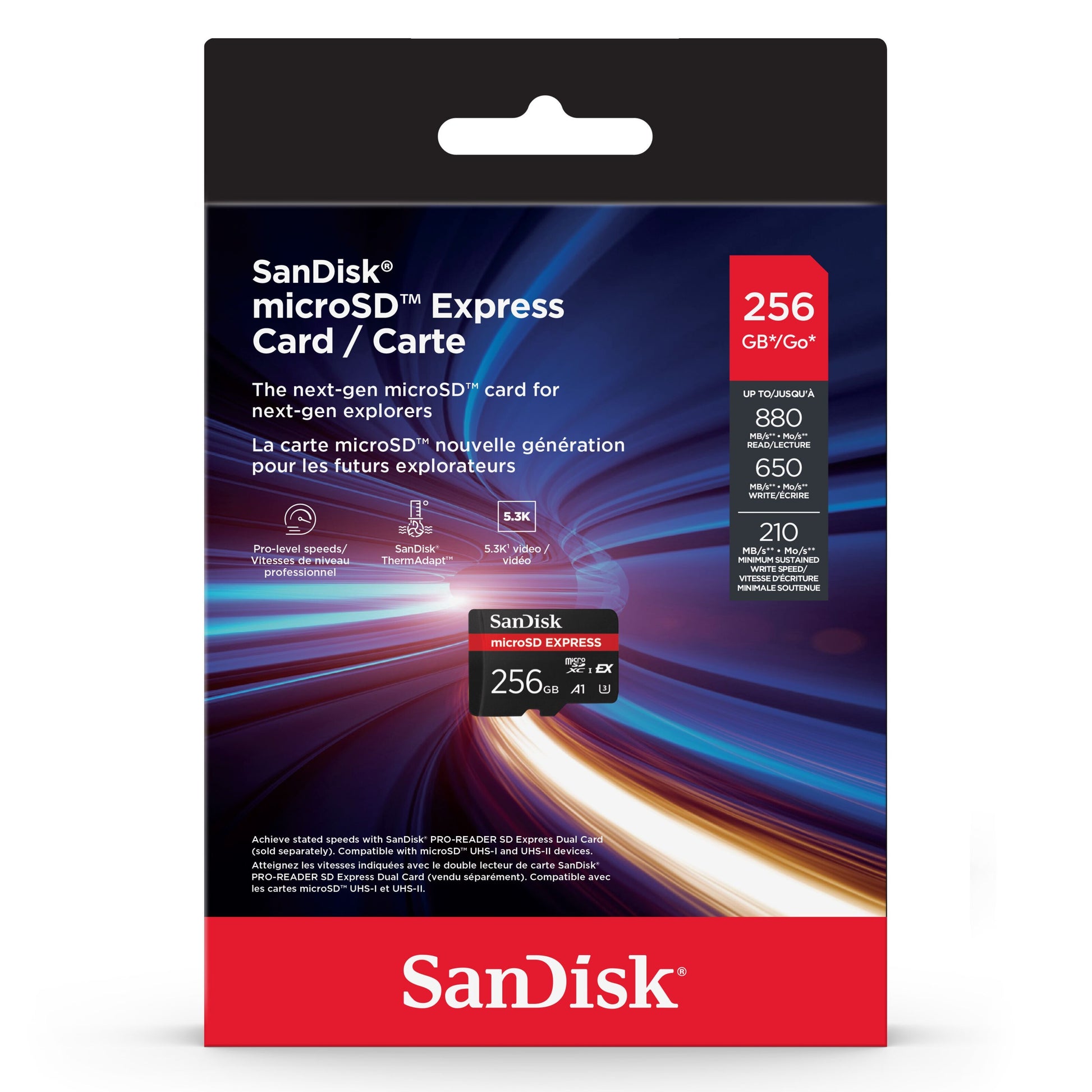 SanDisk microSD Express 256GB, PCIe Gen3 NVMe, op til 880MB/s læs og 650MB/s skriv, emballage viser kortet.