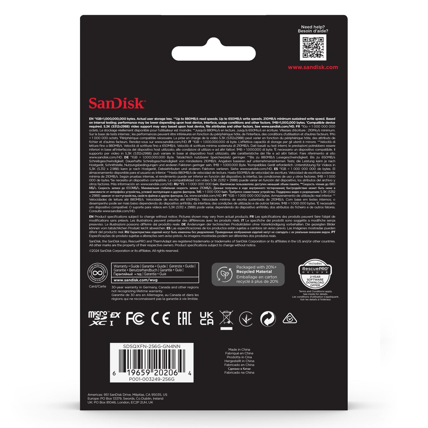Sandisk microSD Express 256GB bagside med info, instruktioner, certifikater, genbrugssymboler, stregkode og PCIe Gen 3 NVMe.