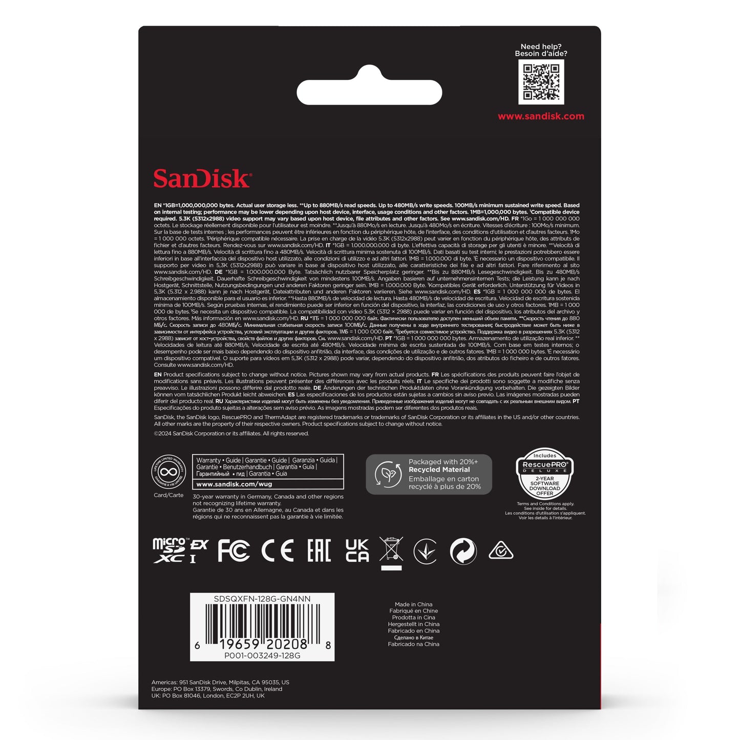 Sandisk microSD Express 128GB emballage bagside med logo, certificeringer, stregkode og PCIe Gen3-NVMe detaljer.