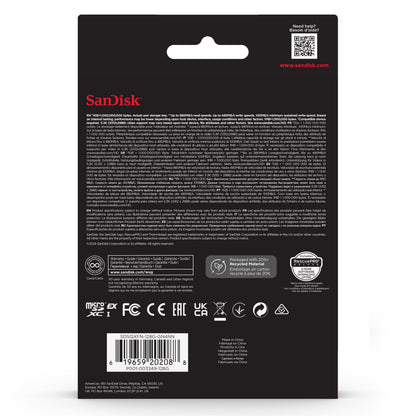Sandisk microSD Express 128GB emballage bagside med logo, certificeringer, stregkode og PCIe Gen3-NVMe detaljer.