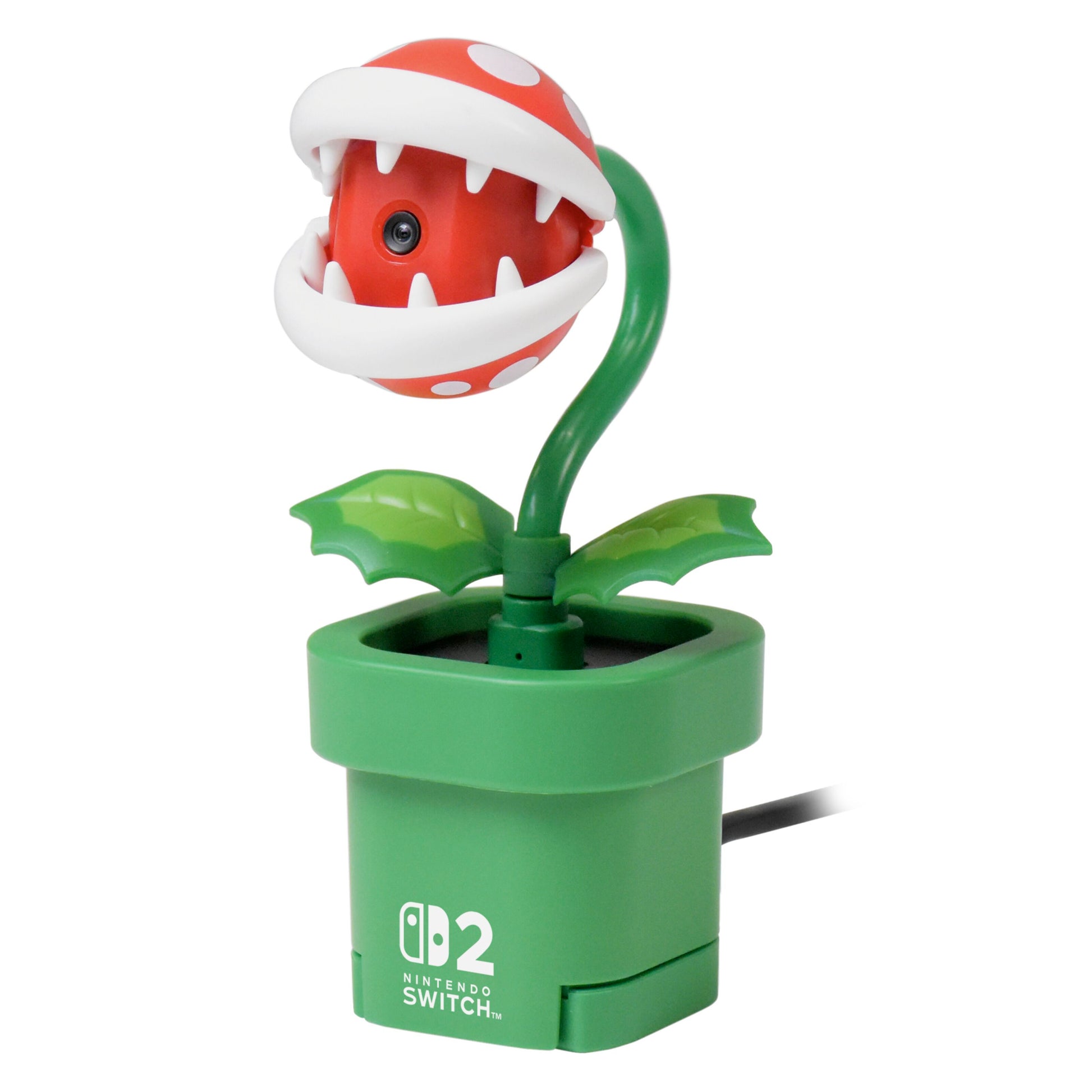 Nintendo Piranha Plant kamera, rød med hvide prikker, grønt blad og pipebase, USB-tilslutning.