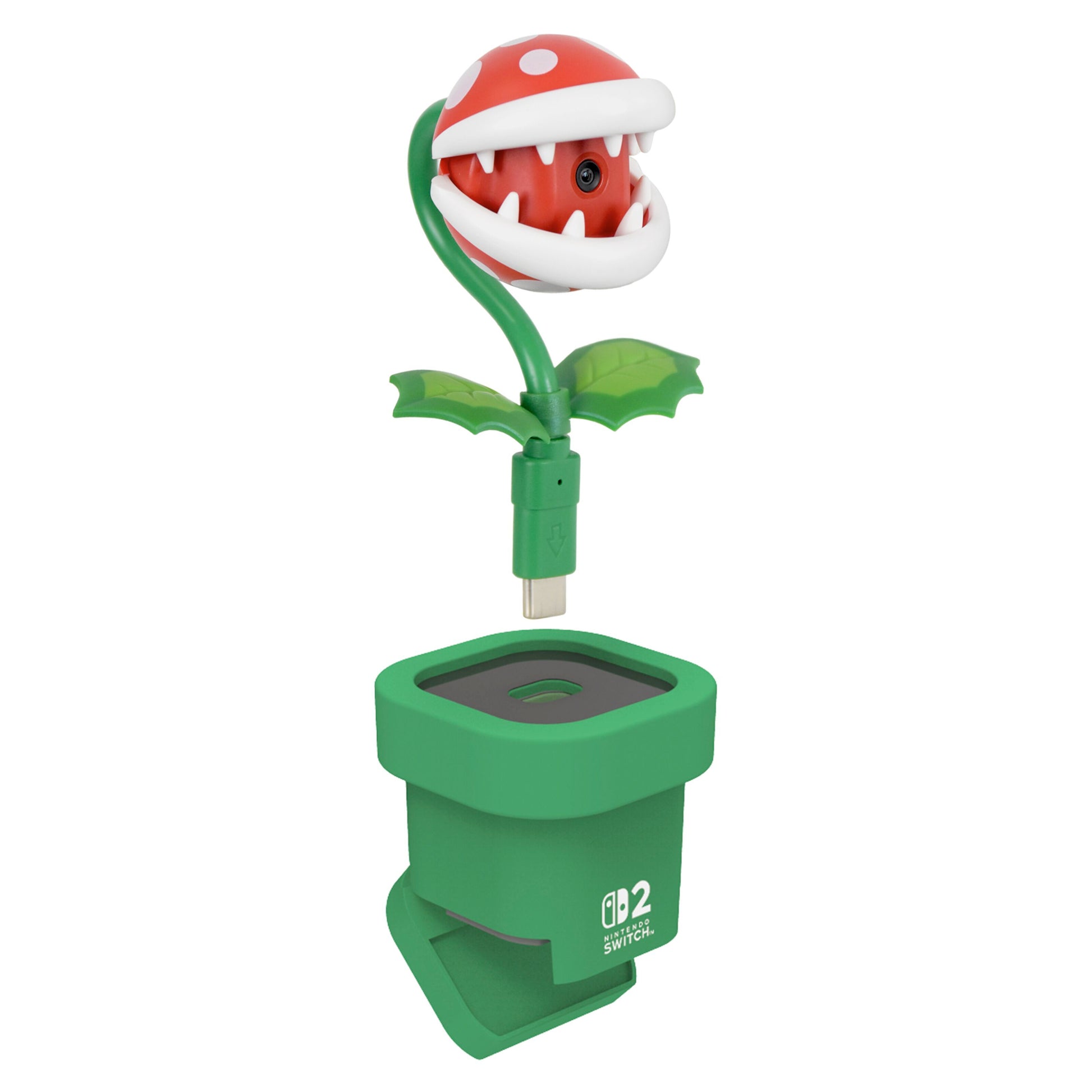 Nintendo Piranha Plant USB-kamera, rød med hvide prikker, grøn Switch-kamerabase med Nintendo Switch-logo.