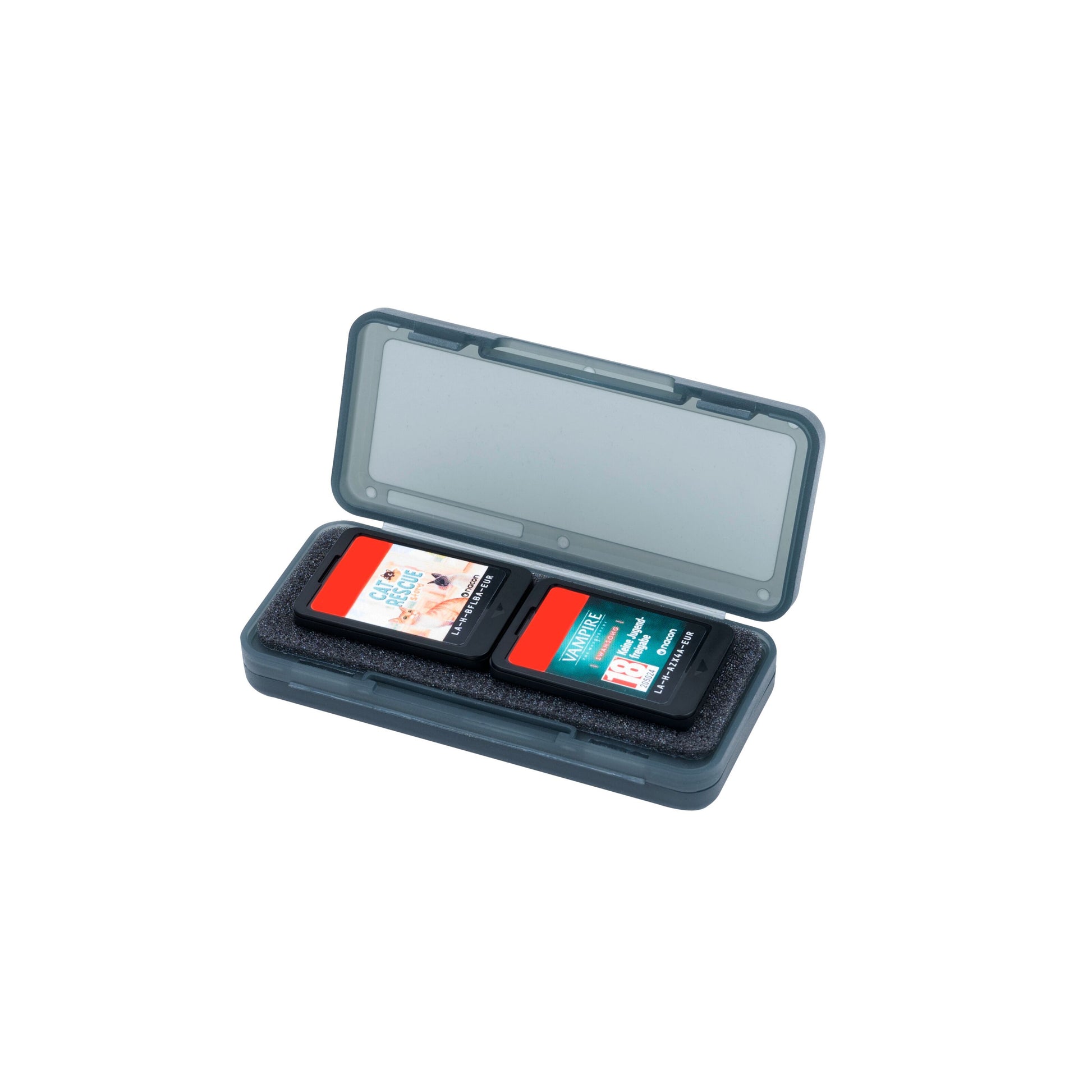 Nintendo Switch 2 sort plastik taske med transparent låg og skumindtræk til 2 SD-kort, hvert markeret med farver og tekst.