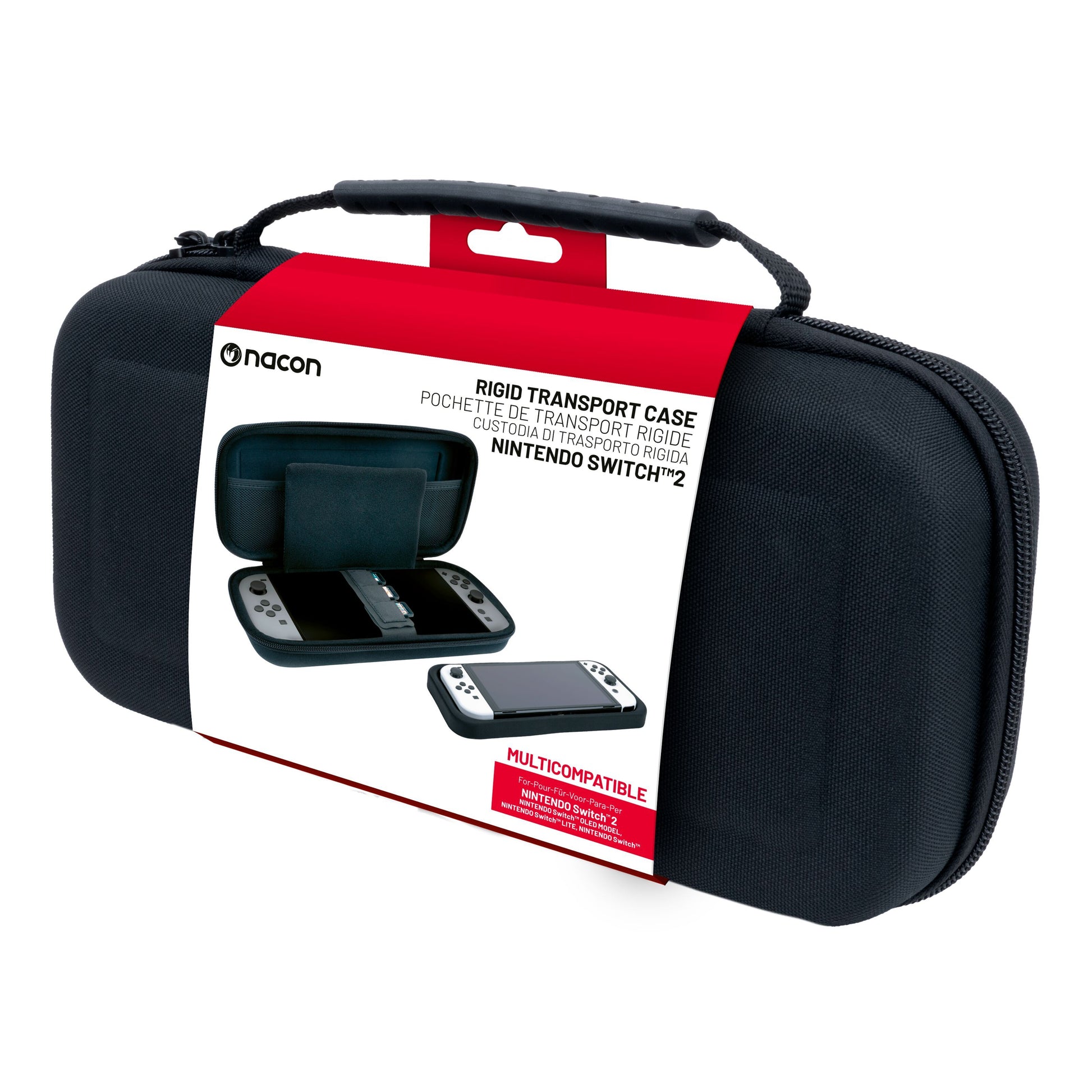 Nintendo Switch 2 taske i sort hårdt materiale med håndtag, lynlås og rød-hvid label med produktinfo på flere sprog.