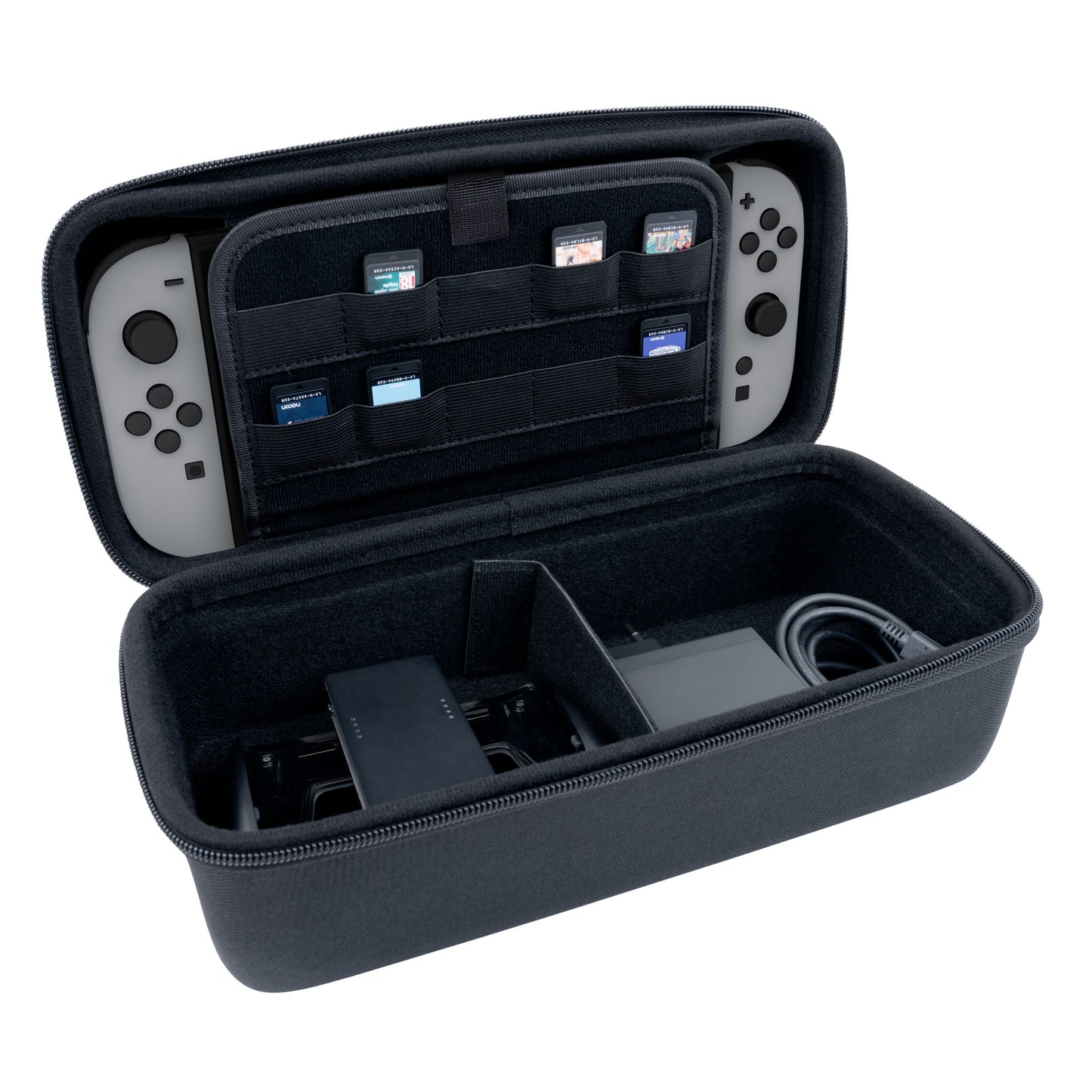 Nintendo Switch 2 Pung XL hardcase, sort, til OLED med grå Joy-Con, rum til spilkort og tilbehør, kompatibel med Switch 2.