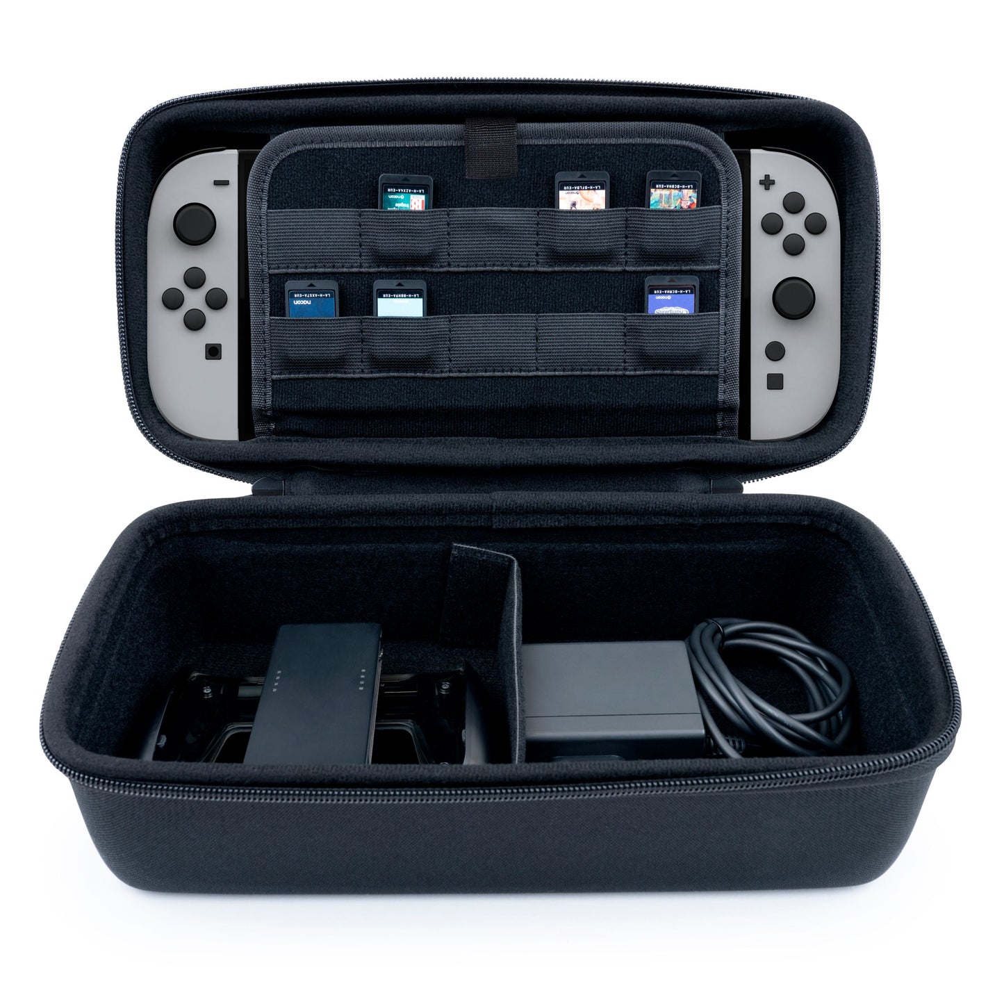 Nintendo Switch 2 Pung XL sort etui med lynlås til Nintendo Switch 2 konsol, spilcartridges, dock og strømkabel.