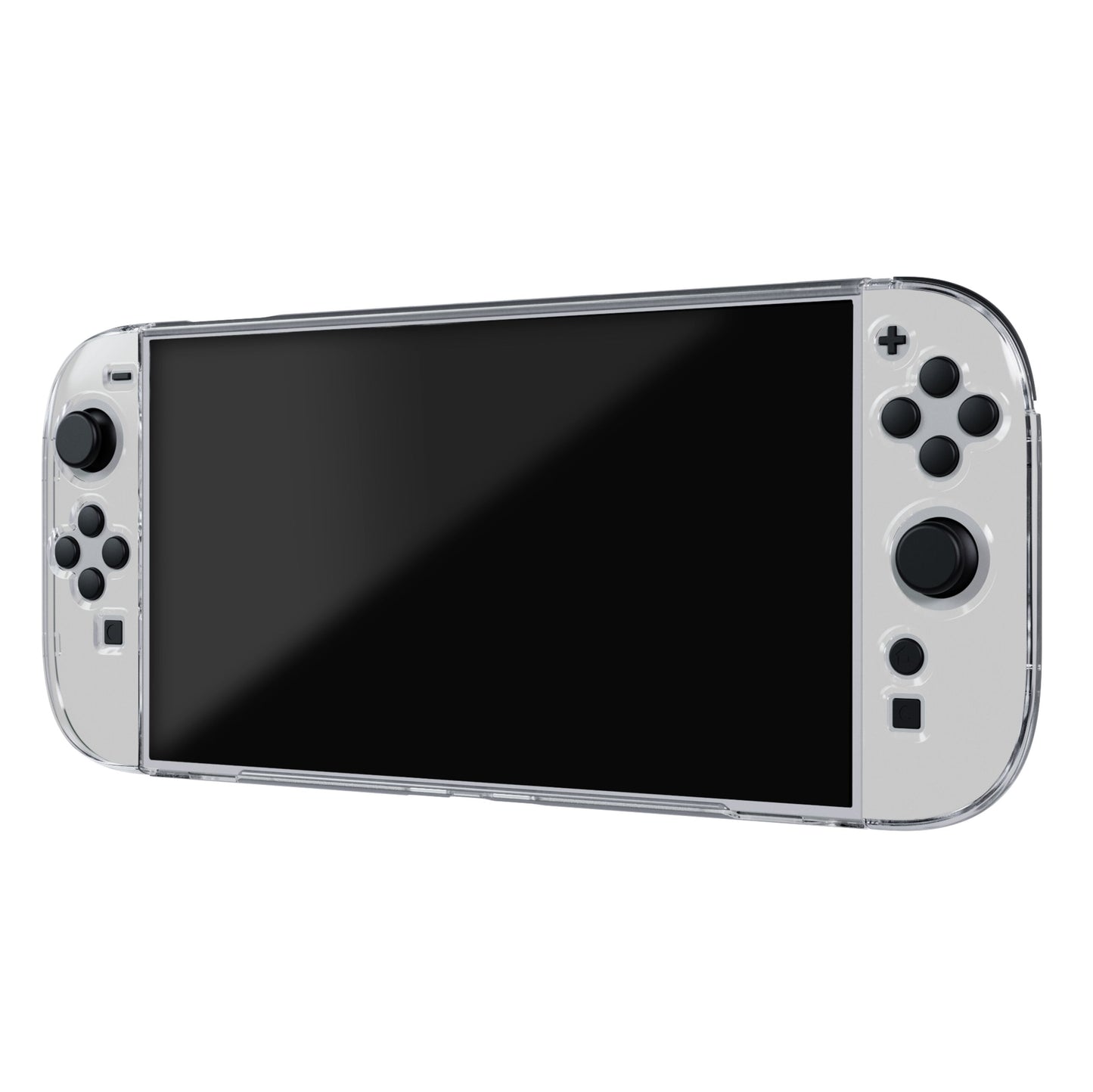 Nintendo Switch 2 Polycase, lys grå håndholdt konsol med stor sort skærm, til joysticks, knapper og D-pad.