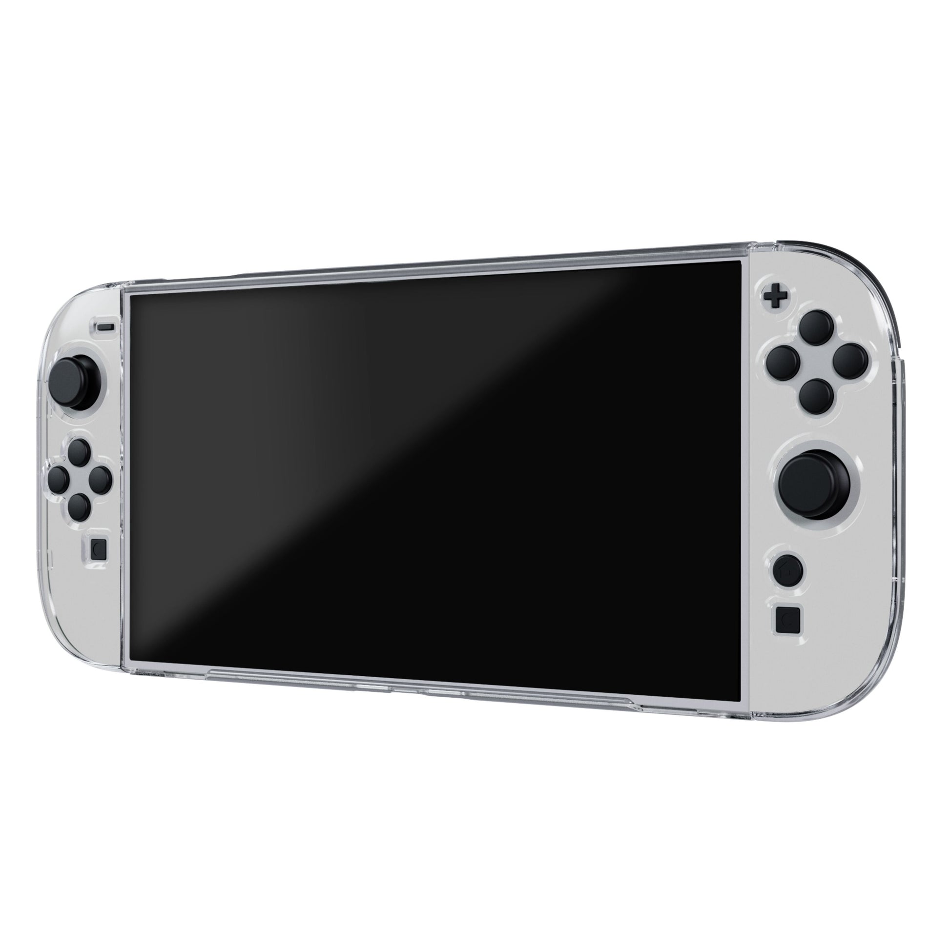 Nintendo Switch 2 Polycase, lys grå håndholdt konsol med stor sort skærm, til joysticks, knapper og D-pad.