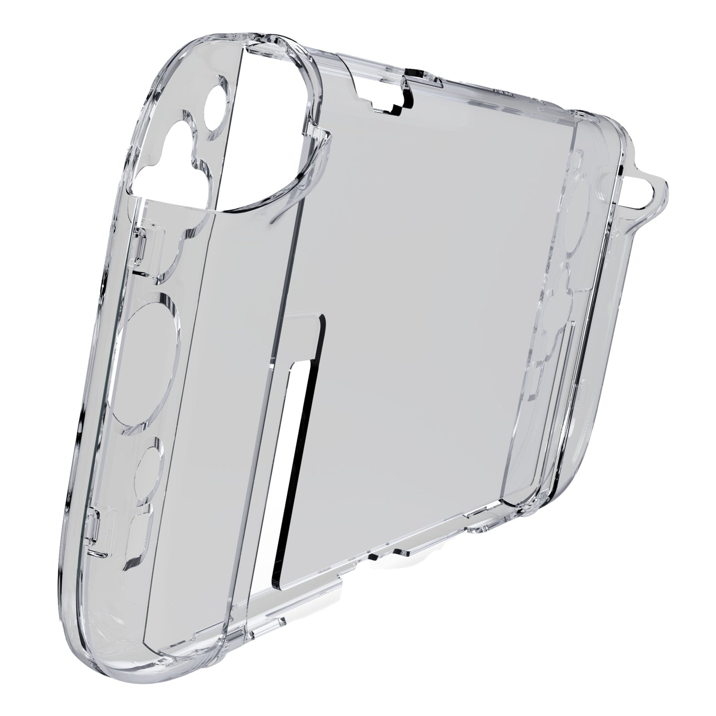 Nintendo Switch 2 Polycase klar hard plast cover med udskæringer til knapper, porte, kamera og indbygget stander.