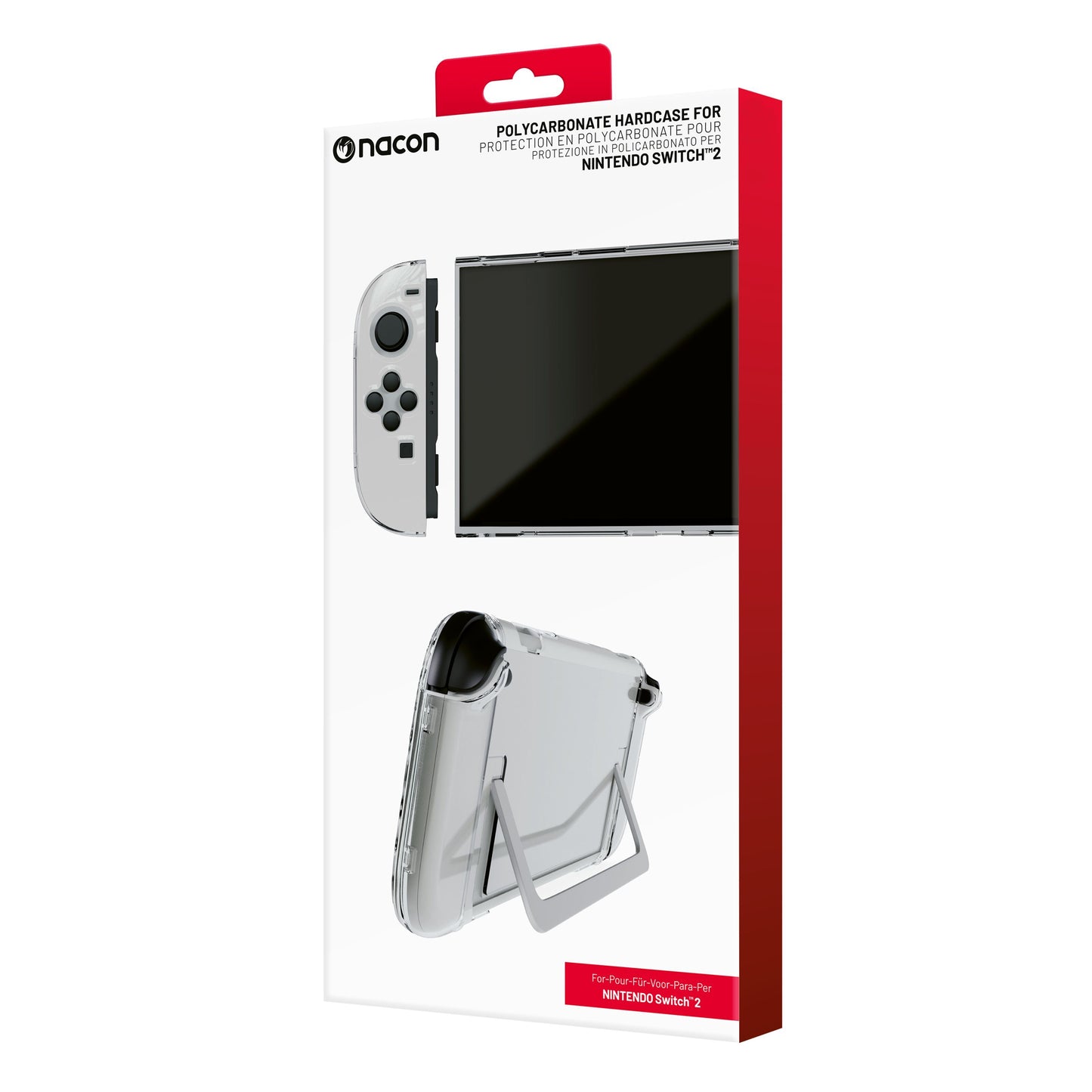 Nintendo Switch 2 Polycase i gennemsigtig udgave vist på konsol og stander i rød-hvid detailæske.
