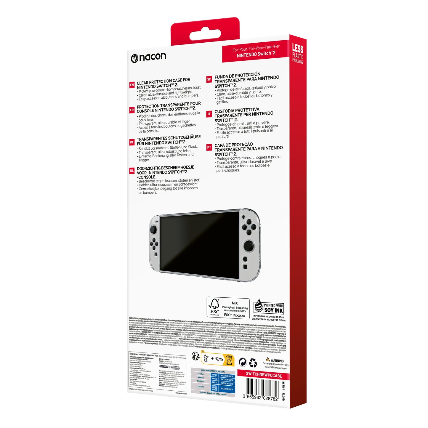 Nintendo Switch 2 Polycase bagside af emballage med produktinfo på flere sprog og illustration af cover på konsol.