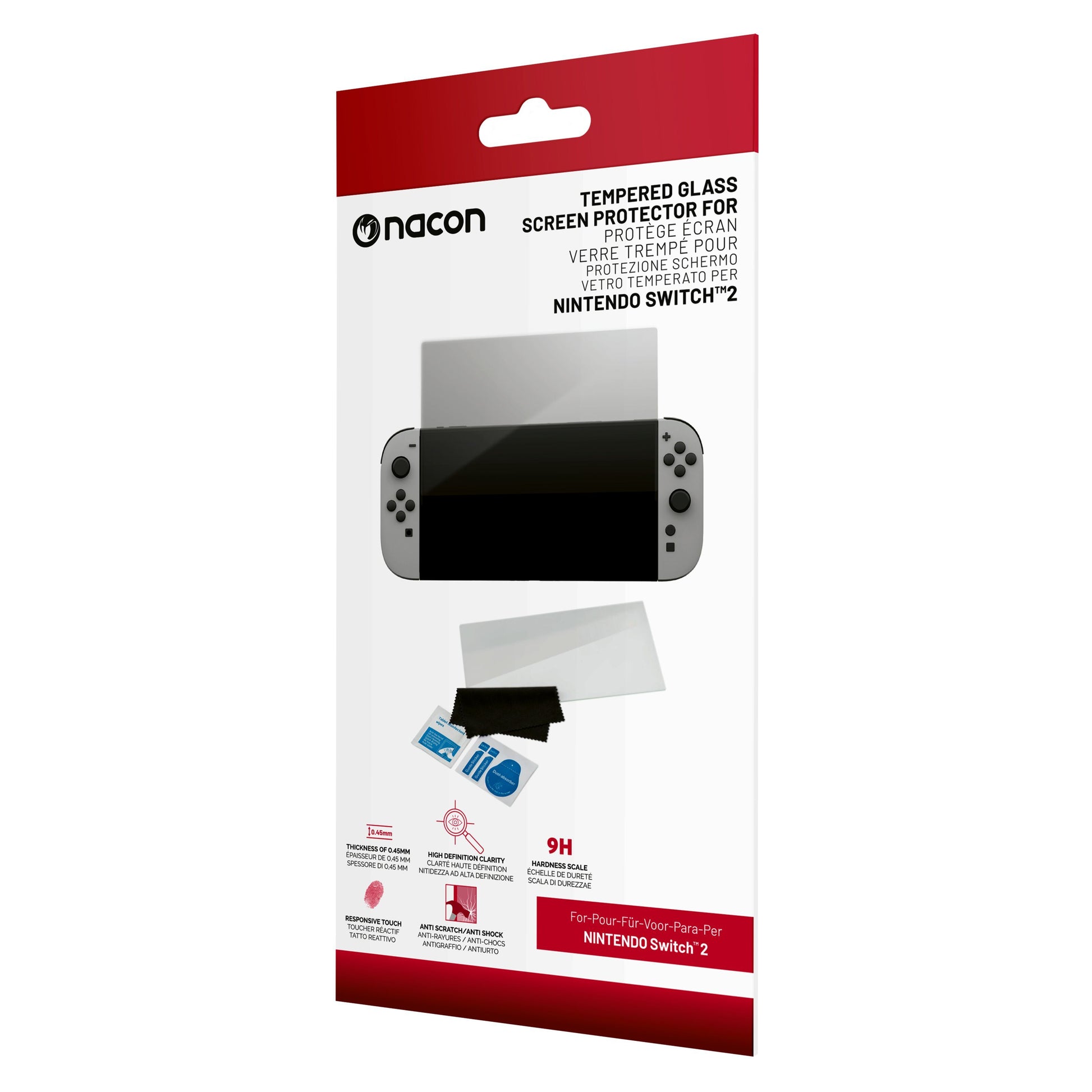 Nintendo Switch 2 skærmbeskyttere, hærdet glas, inkl. konsol, renseklude, støvklistermærker og installationsudstyr.