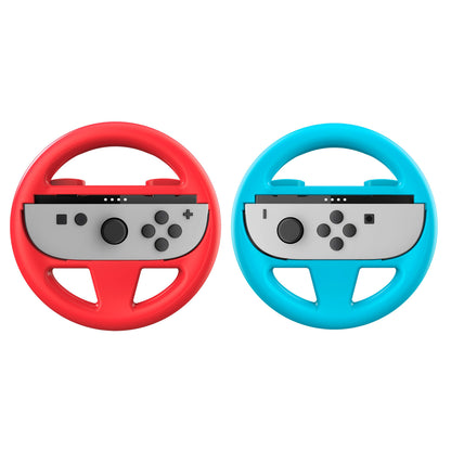 Nintendo Switch 2 Joy-Con Dual Wheel til to controllere, én rød og én blå, omdannes til rat til bevægelsesstyrede spil.