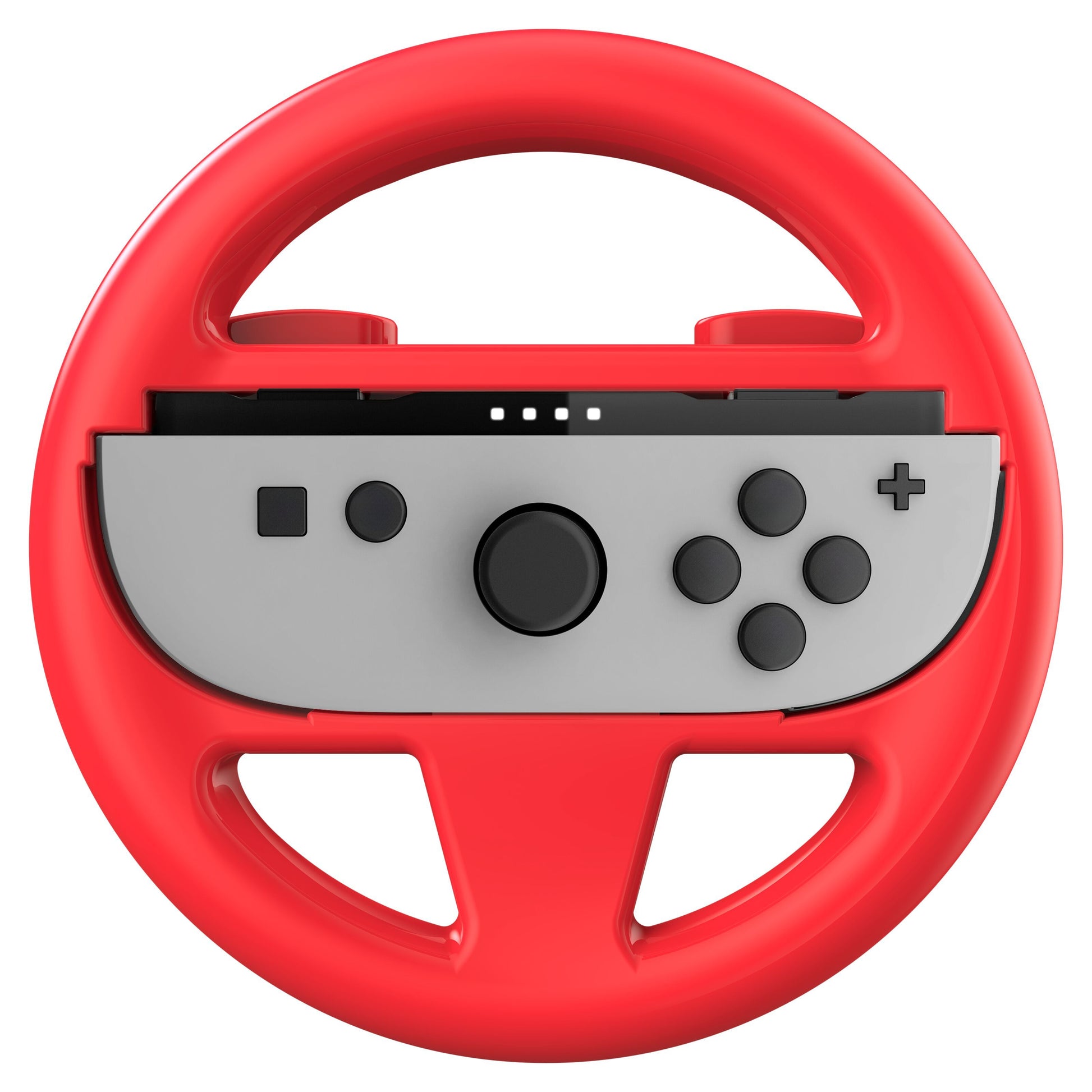 Nintendo Switch 2 Joy-Con Dual Wheel, rødt rat-tilbehør i plast med grå Joy-Con controller monteret i midten.