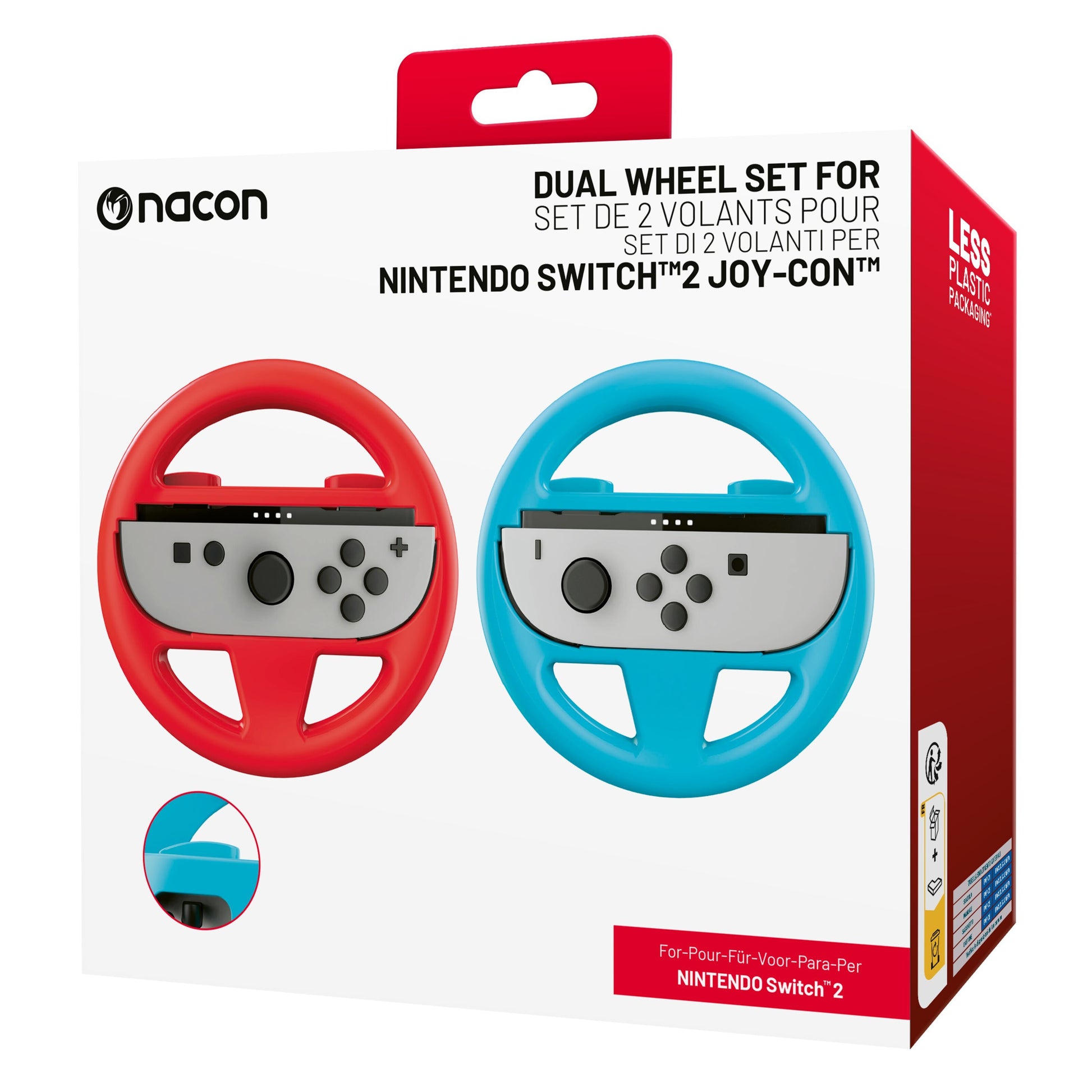 Nintendo Switch 2 Joy-Con Dual Wheel rød og blå rat-adaptere til Joy-Con engelsk/fransk info.