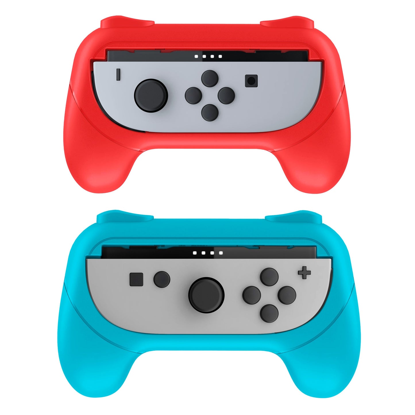 Nintendo Switch 2 Joy-Con Grip controller rød og blå med grå frontplader, sorte knapper og joysticks.