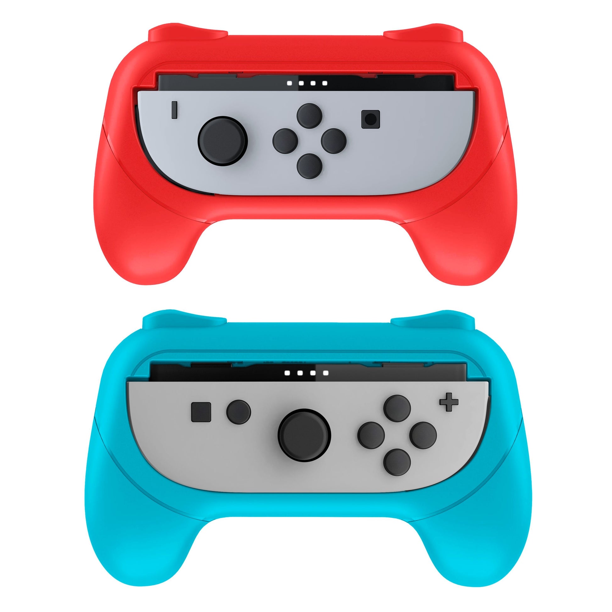 Nintendo Switch 2 Joy-Con Grip controller rød og blå med grå frontplader, sorte knapper og joysticks.