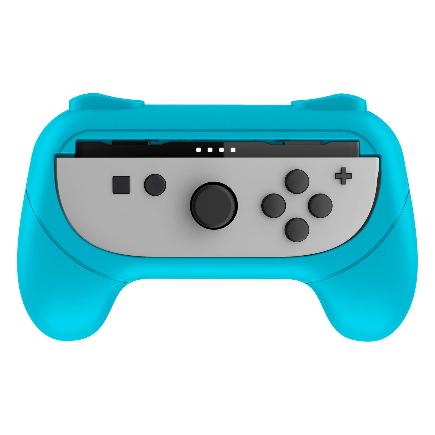 Nintendo Switch 2 blå Joy-Con Grip med grå Joy-Con controller og sorte knapper set oppefra.