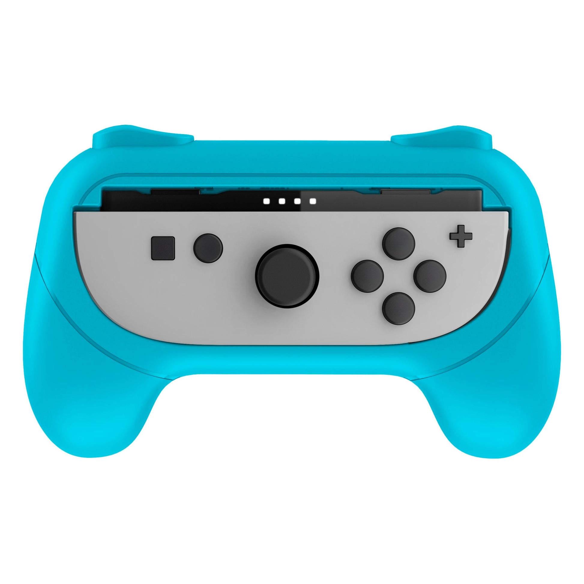 Nintendo Switch 2 blå Joy-Con Grip med grå Joy-Con controller og sorte knapper set oppefra.