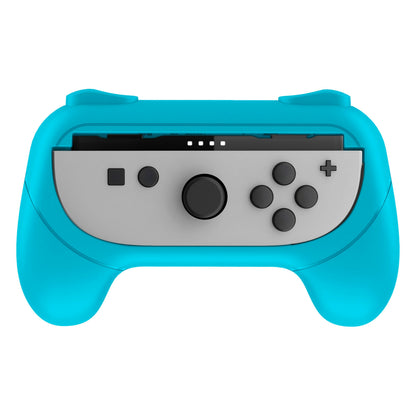 Nintendo Switch 2 blå Joy-Con Grip med grå Joy-Con controller og sorte knapper set oppefra.
