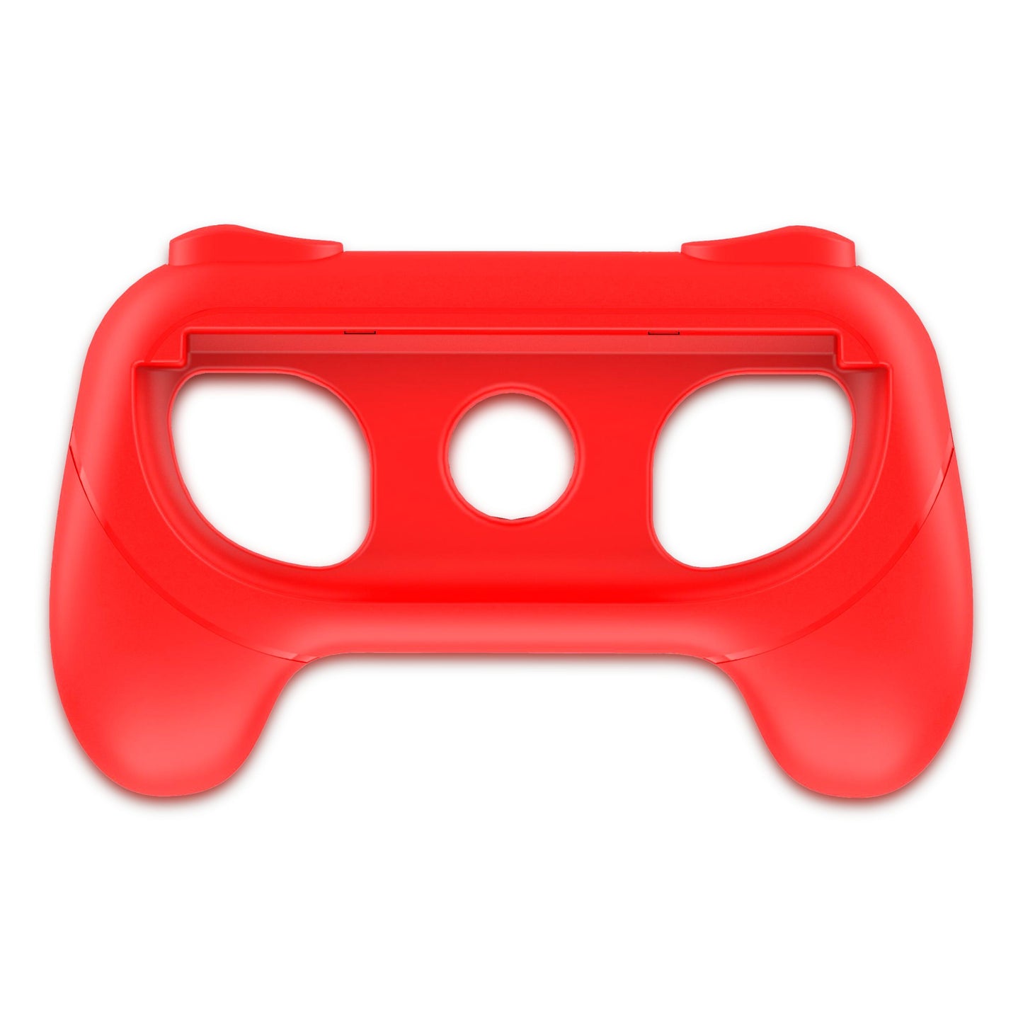 Nintendo Switch 2 Joy-Con Grip i rød plast med to store huller til knapper/joystick og cirkulært hul til Joy-Con controllere.