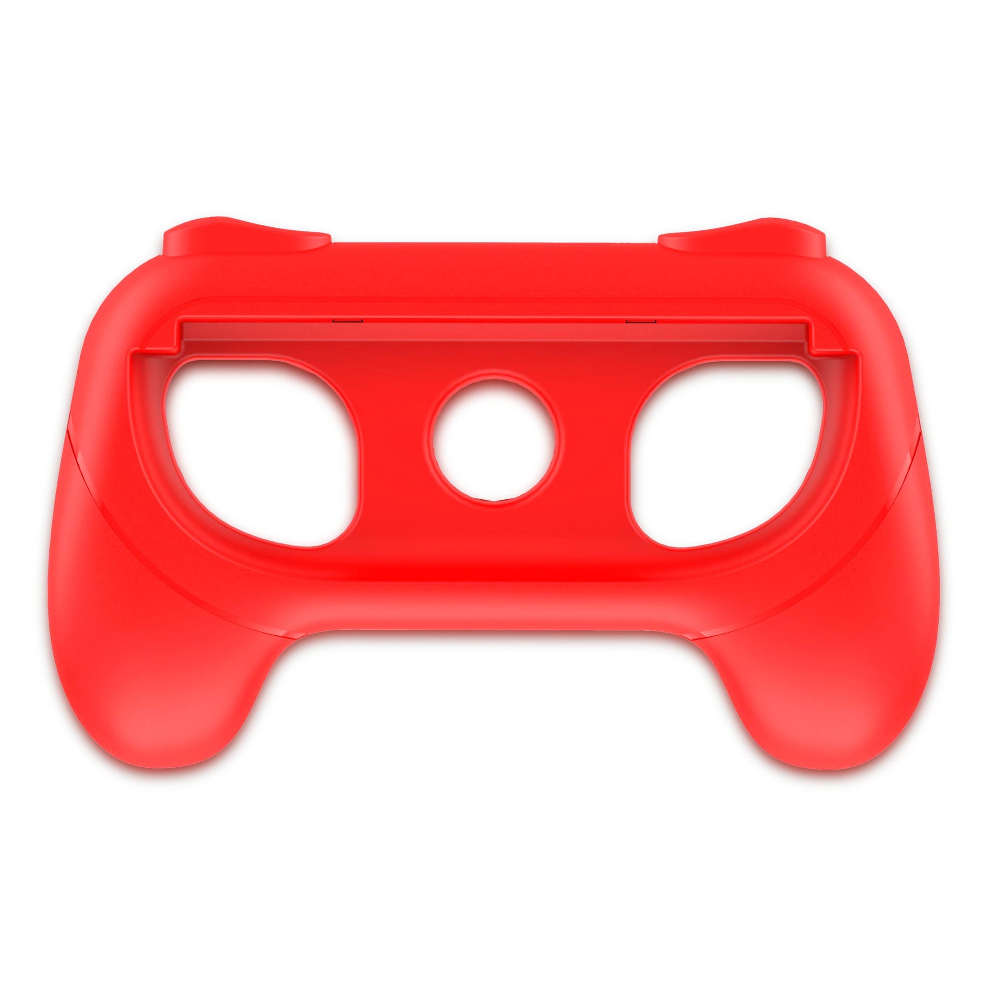 Nintendo Switch 2 Joy-Con Grip i rød plast med to store huller til knapper/joystick og cirkulært hul til Joy-Con controllere.